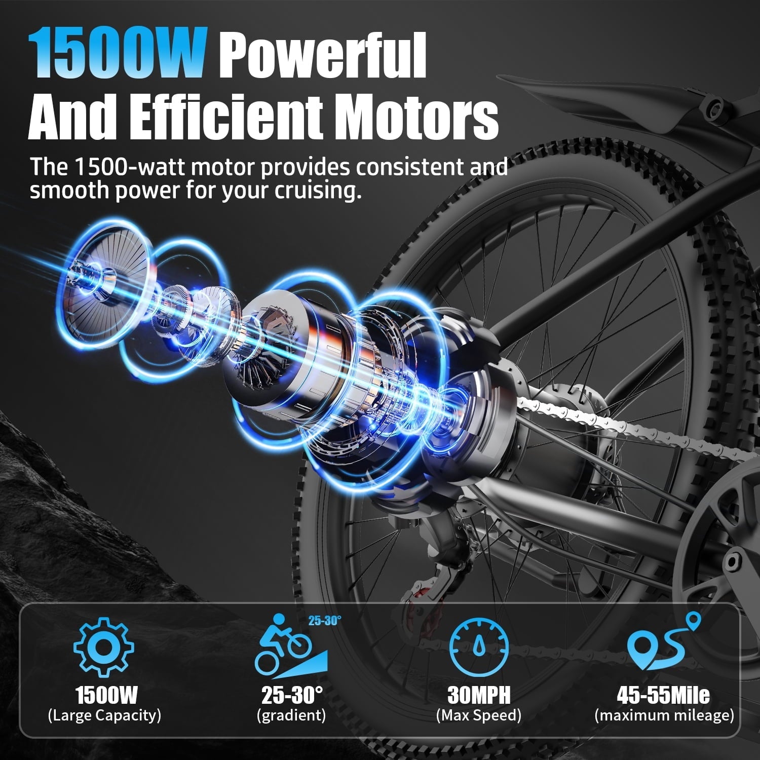 F28-1500W Peak 26 Electric Mountain Bike for Adults,48V 10.5A Off-Road E-Dirt Bike (Removable Battery）55 Mile Range,LCD Display,365 lbs Capacity,Pneumatic Tires-UL2849 Certified (Camp,Trail Rid)