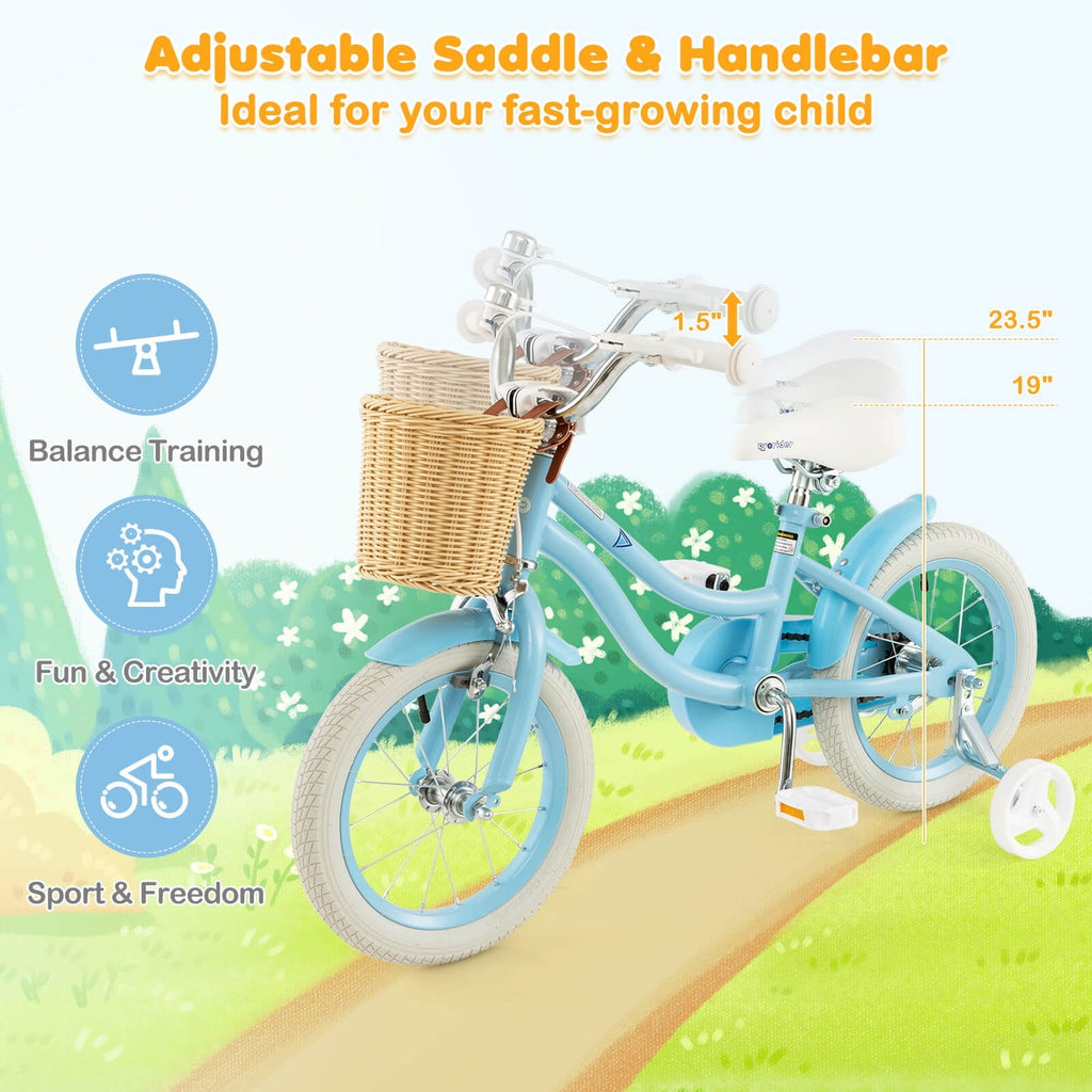 Costway 14 Kid's Bike with Training Wheels Adjustable Handlebar Seat Handbrake Pink