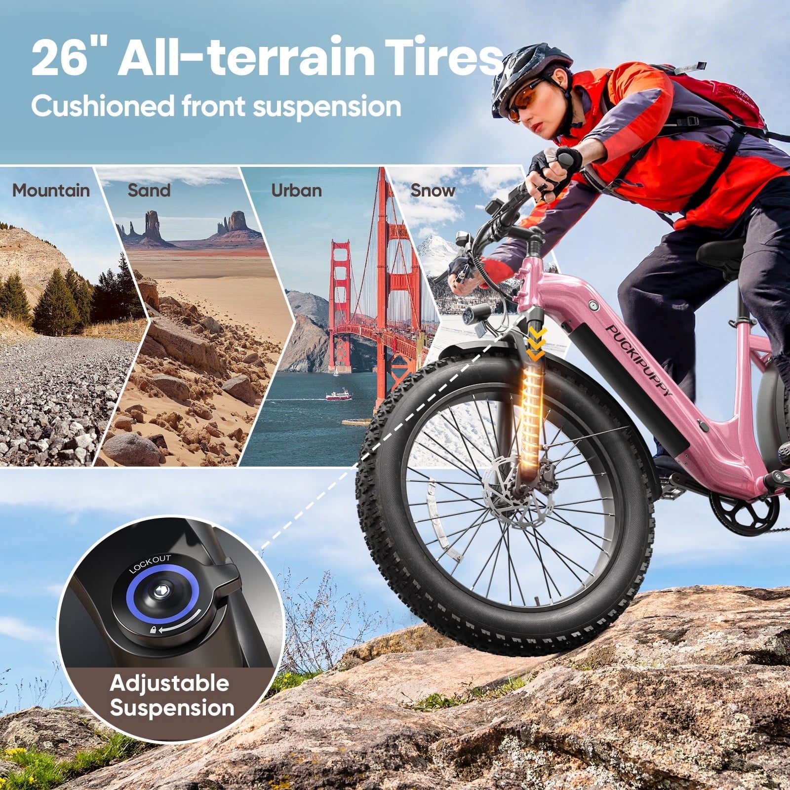 PUCKIPUPPY 960W Peak Electric Bike for Adults Step Through E-Bike 28mph Max Speed 60Miles Range 26 Fat Tire Electric Mountain Bike 48V 15AH Battery 7 Speed off-Road Ebike, Comply with UL2849 By SGS