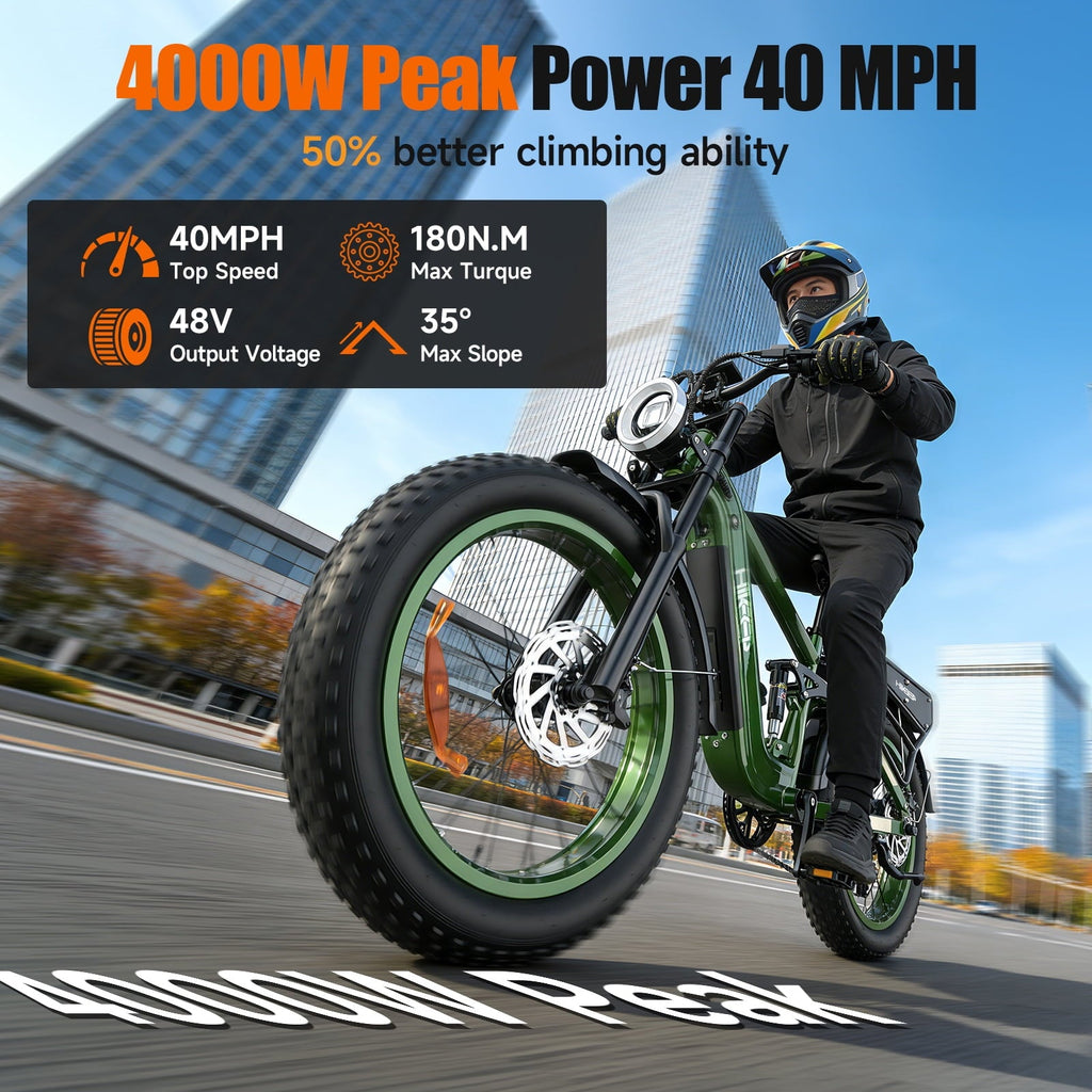 Electric Bike for Adults, 2000W 4000W Peak Motor, 48V 25Ah Removable Battery, 26x4.0 Fat Tire Ebike, 7-Speed Shimano, Front Fork & Linkage Suspension, Rear Rack, 40MPH, UL2849, Green