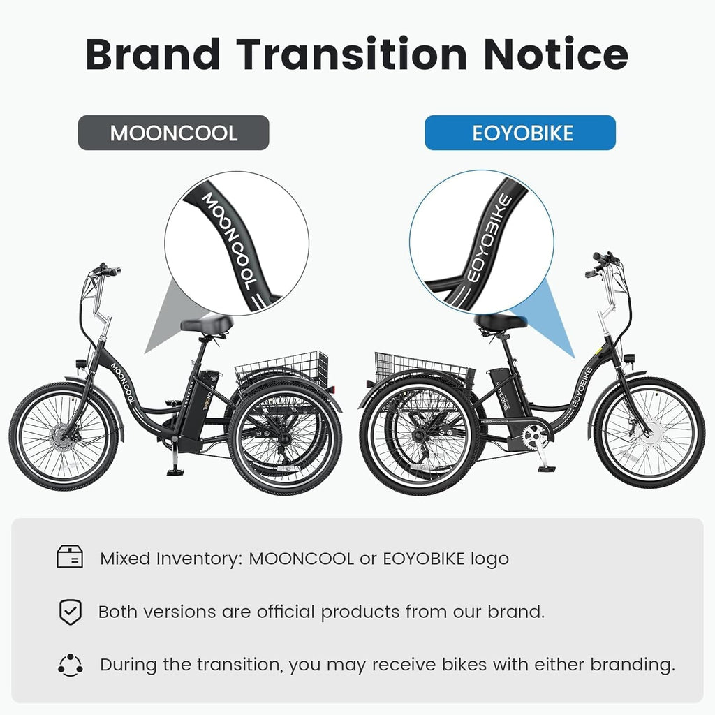 MOONCOOL Electric Trike for Adults w/ Rearview Mirror kit, 700W Peak Motor 10.4Ah battery .24/26 7 Speeds 3 Wheels Low Step Through Unisex Electric Trikes .35-60Miles