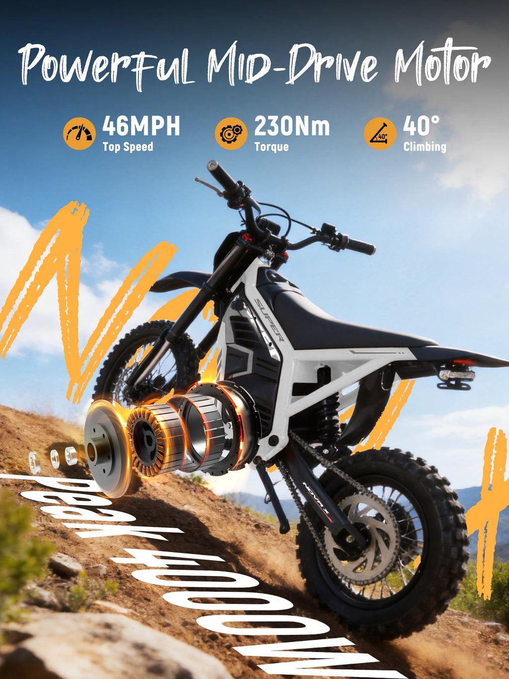 ESKUTE NovaX Electric Dirt Bike for Teens & Adults, 4000W Peak Mid-Drive Motor, 35-46 MPH Off-Road E-Bike, 48V 22.8Ah Battery, 14/12 Wheels, Hydraulic Dual Shock Suspension Orange