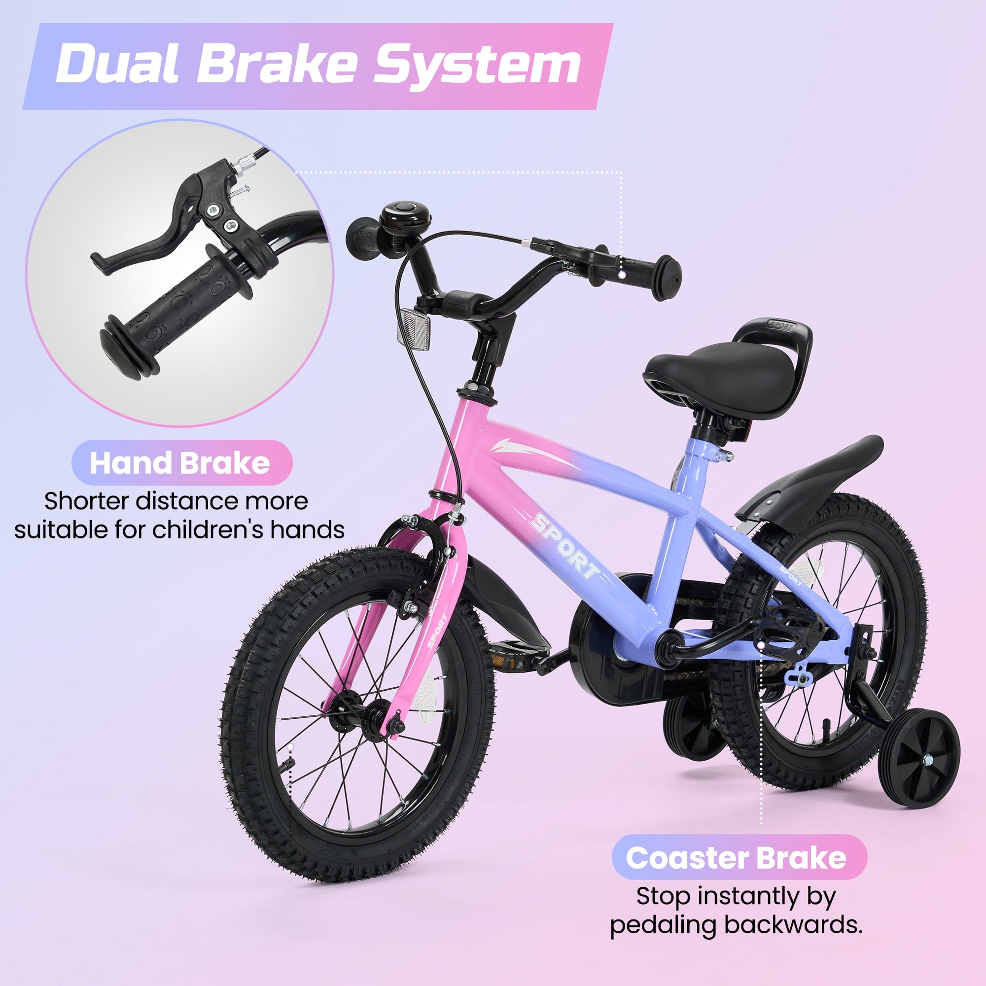 Naipo 12 in Kid Bike for Boys and Girls Gradient Purple Bicycle with Training Wheels Bell and Dual Brakes
