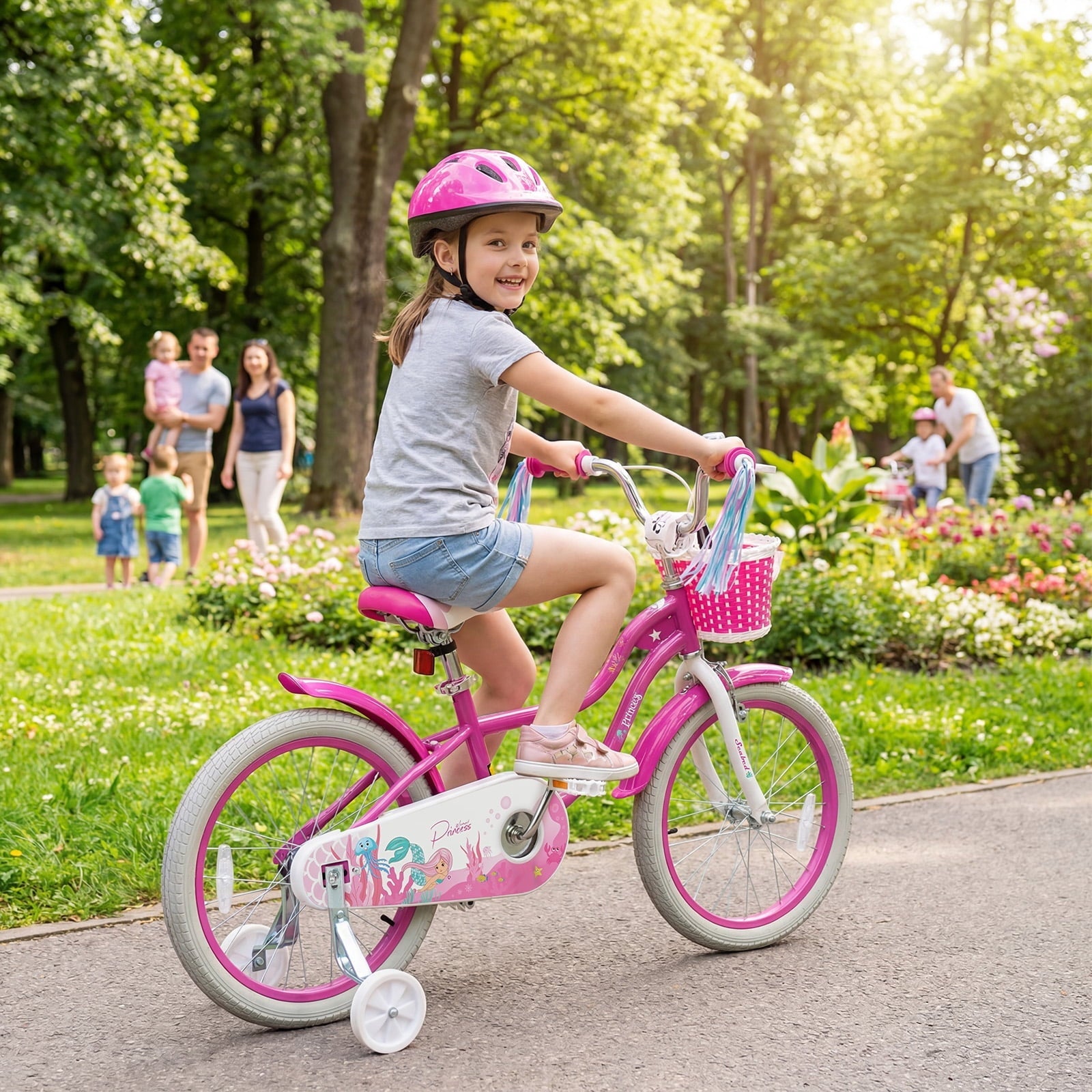 Costway 14 Kids Bike with Training Wheels Hand Coaster Brakes Adjustable Seat Handlebar Pink