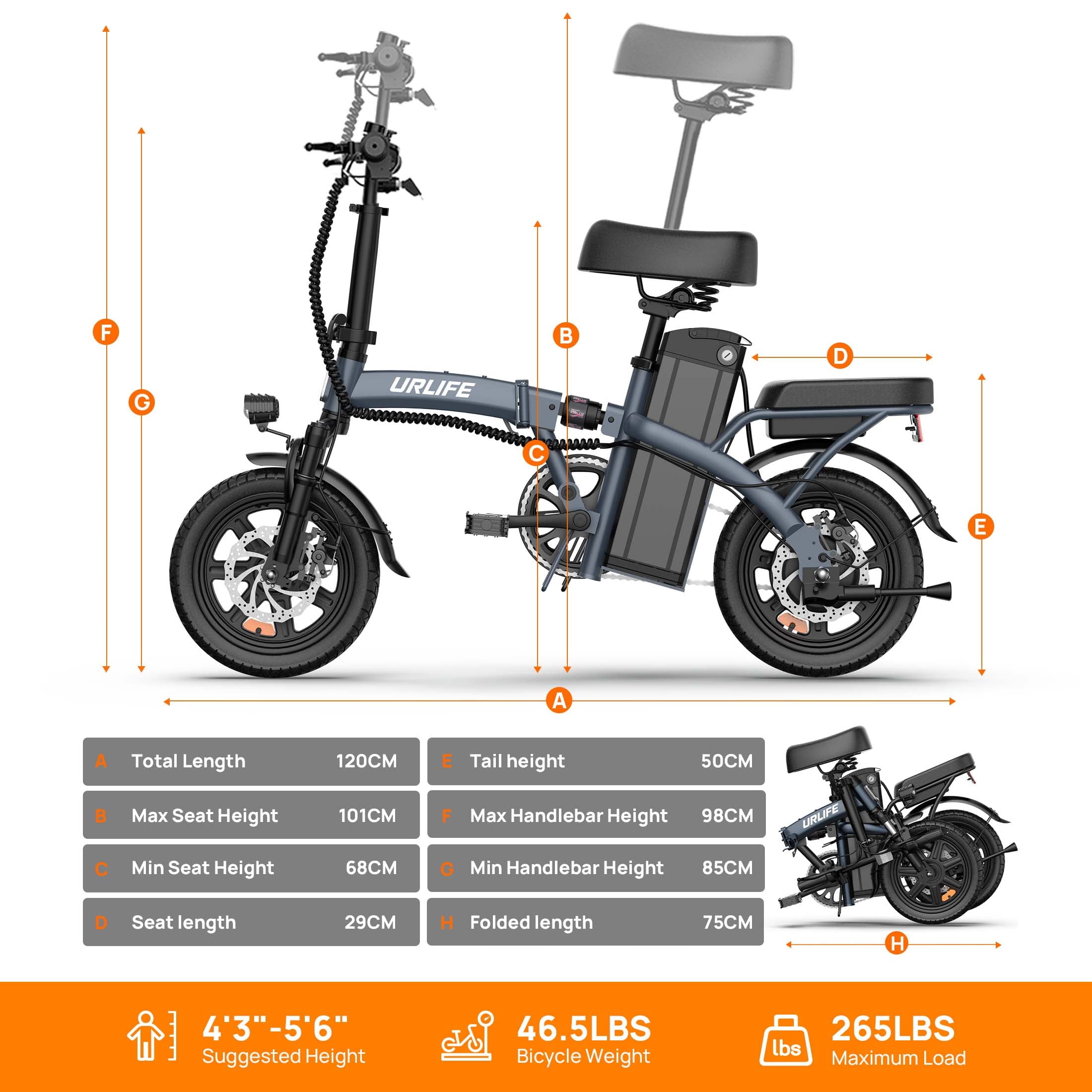 URLIFE 14Folding Electric Bike for Adults,500W Peak Motor,48V 7.5AH Removable Battery,Mini Ebike for Adults City Commuter,UL2849-Black