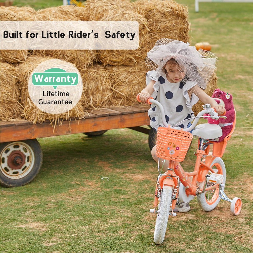 Glerc Maggie 14 inch Kids Girls Bike for Ages 3-5 Years Old Children, Princess Style Kids Bicycle with Doll-Seat & Basket & Training Wheels, Pink