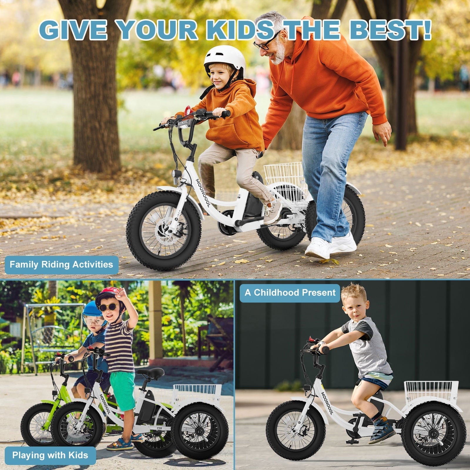 MOONCOOL Electric Tricycle for Kids ,16x3 3 Wheel 250W 10.4Ah Etrike W/ LED headlight & Rear Basket & horn bell & DIY stickers .6/9/12.5 MPH