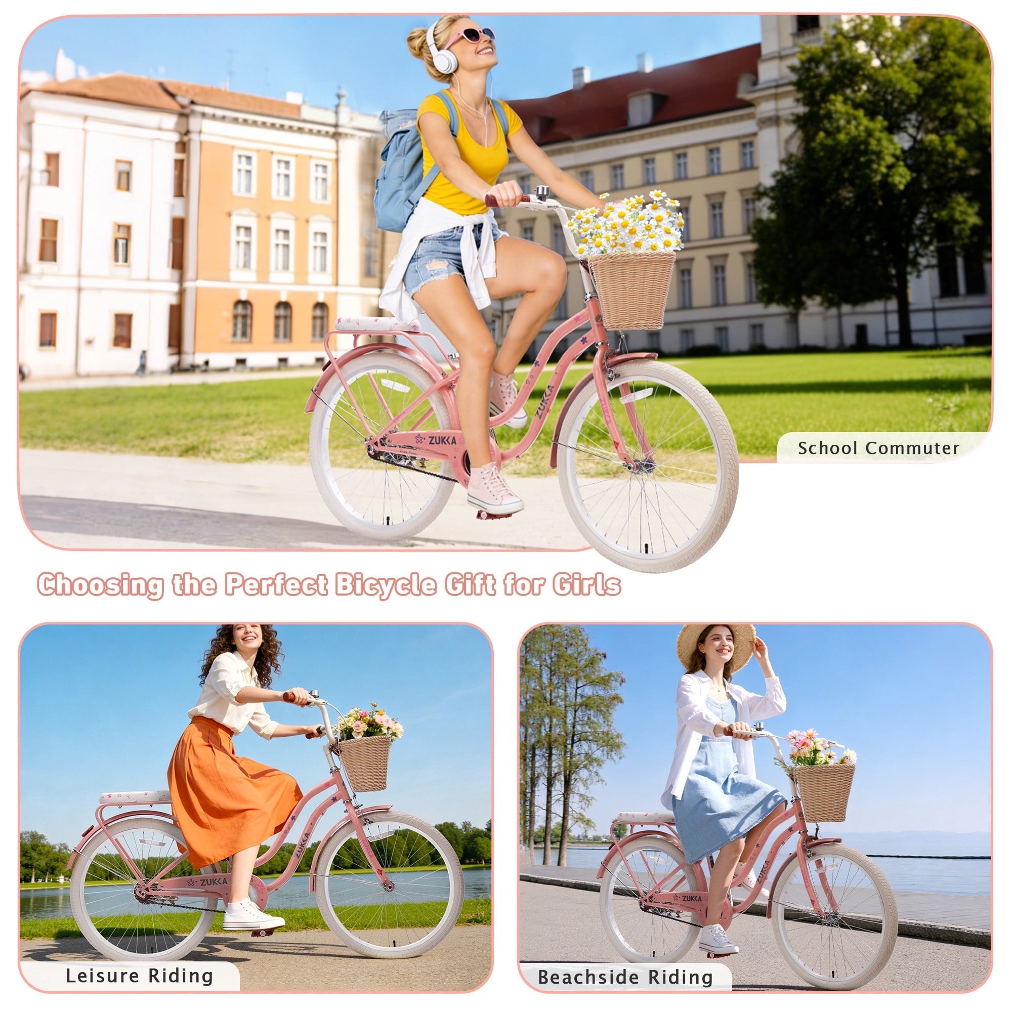 Dolonm 20 Kids Bike for Ages 7-10, Lightweight High-Carbon Steel Frame Cruiser Bicycle, Girls Bike with Wicker Basket, Rear Seat Rack, No Training Wheels, Pink
