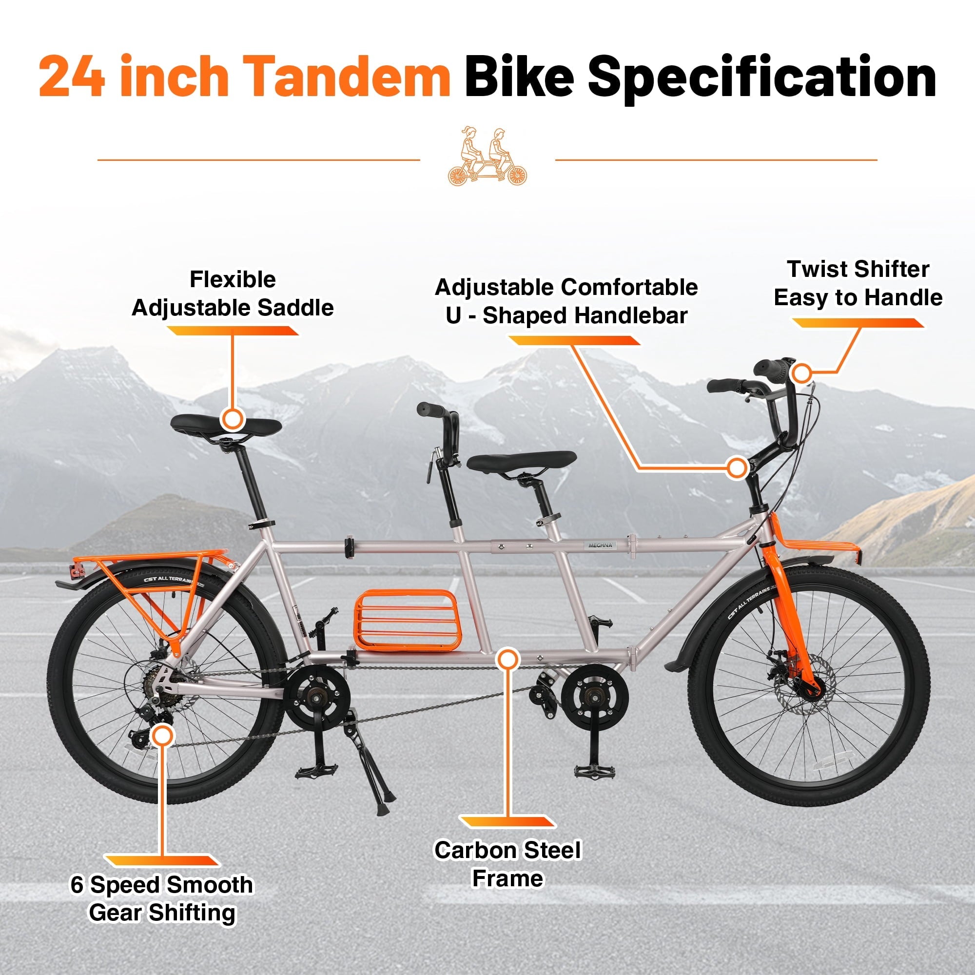 Meghna Tandem Bike 24 inches 4-Fold 2-Seater 6 speed Folding Tandem Dual Disc Brake for Adult Beach Cruiser Silver