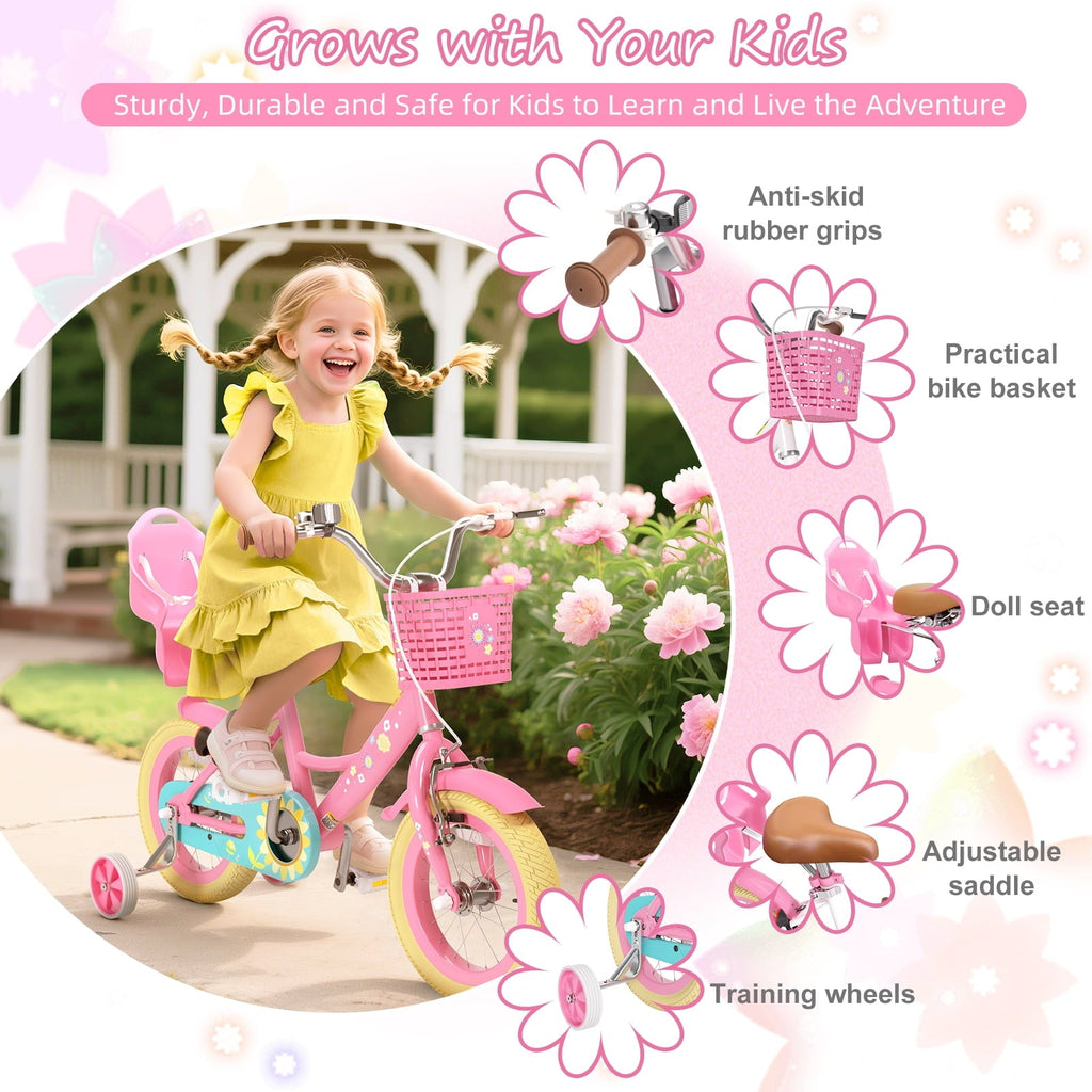 KORIMEFA Bikes for Girls 3-6 Years Old Toddlers, 12 inch Girls Bike with Training Wheels, Basket and Doll Seat, Children Bicycles with Handbrake, White