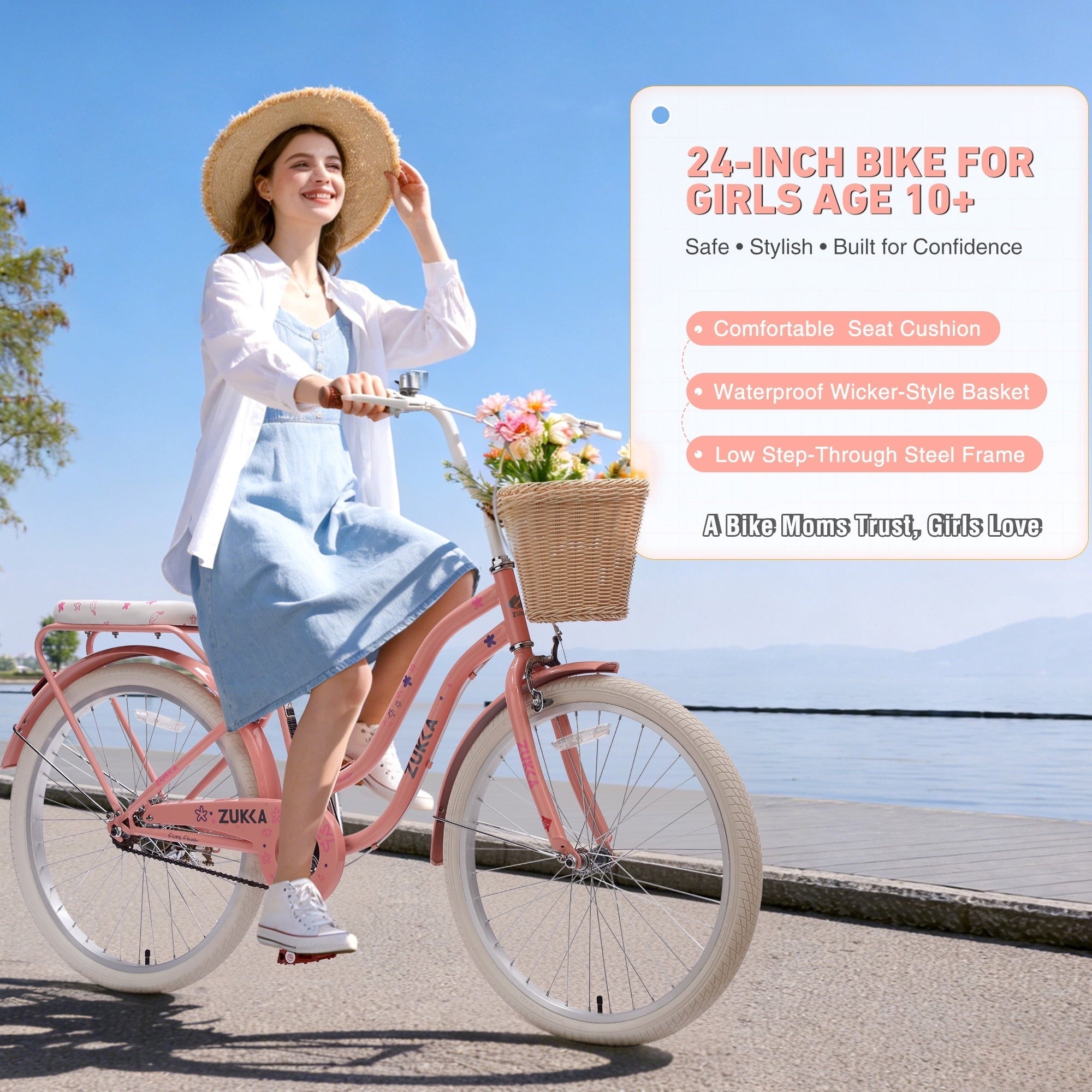 Dolonm 20 Kids Bike for Ages 7-10, Lightweight High-Carbon Steel Frame Cruiser Bicycle, Girls Bike with Wicker Basket, Rear Seat Rack, No Training Wheels, Pink