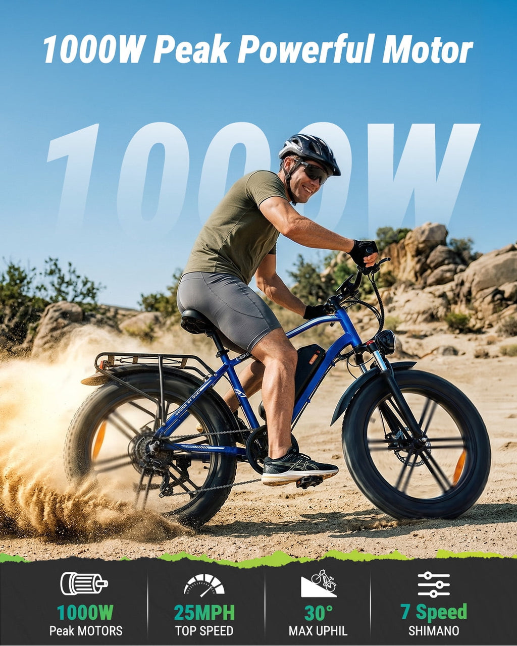 VTOKW Electric Bike, Peak 1000W Electric Bicycles for Adults, 20X4.0 Fat Tire Ebike, 48V/13AH Battery, 25MPH E-Mountain Bike for Cycling & Off-Road, 7-Speed Front Suspension Ebike for Adults UL2849