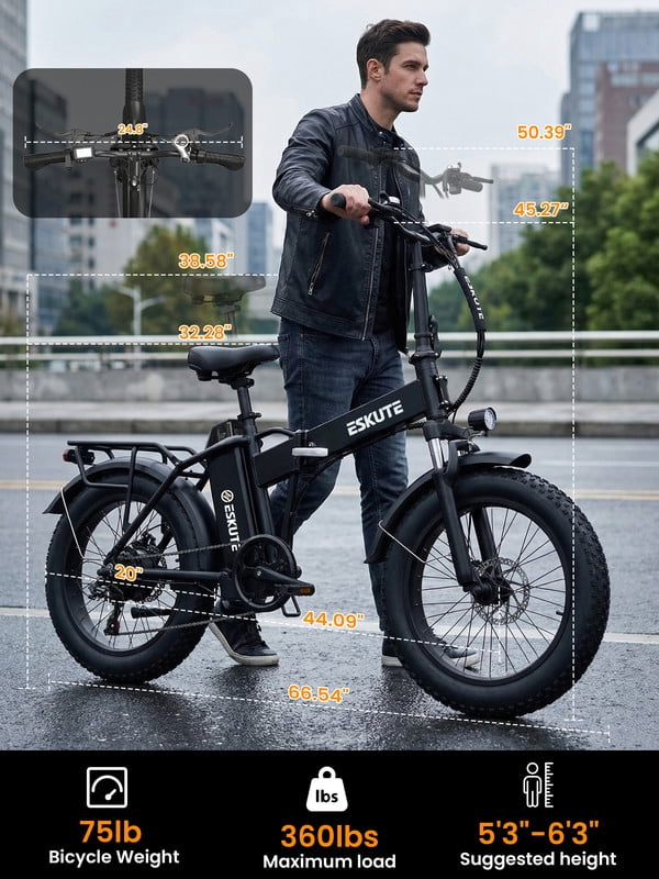 ESKUTE D300 Electric Bike for Adults, Folding Ebike with 1200W Peak Motor 28MPH, 48V 20.8Ah Removable Battery, 20x4.0 Fat Tires, 80 Miles 7-Speed Gear, NFC Unlock,Black, UL2849
