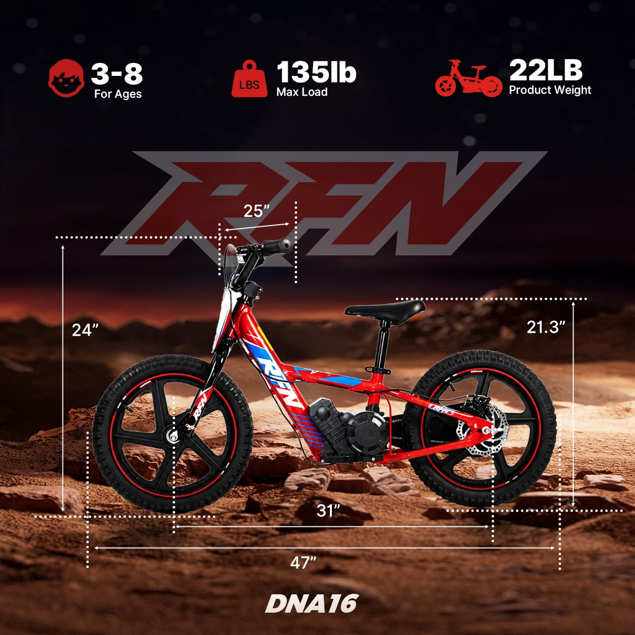 RFN Kids 24V Electric Balance Bike – 170W Motor, 2-Speed Mode, 12 Off Road Electric Dirt Bike, Safe Starter Ebike for Ages 3+