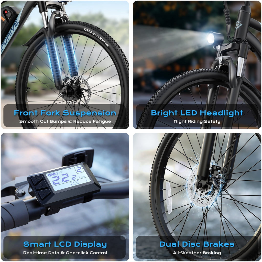 VIPDRIVE Electric Bike for Adults, 26'' 750W Peak Ebike, 48V 7.8AH Removable Battery .Up to 40 Miles 20MPH Electric Mountain Bike .Front Fork Suspension .UL2849