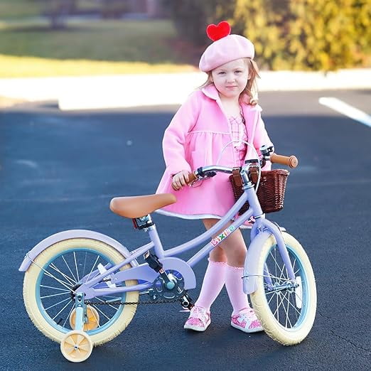 ACEGER 16 Inch Girls Bike with Basket, Purple, Training Wheels, Ages 4-8