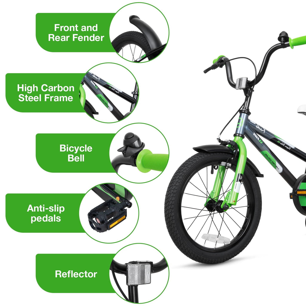 Hykolity Kids Bike, 16 Inch Children Bicycle for Boys & Girls Ages 4-6 Years Old, Rider Height 38-48 Inch, Sport Bike BMX Freestyle Handlebar Black Green
