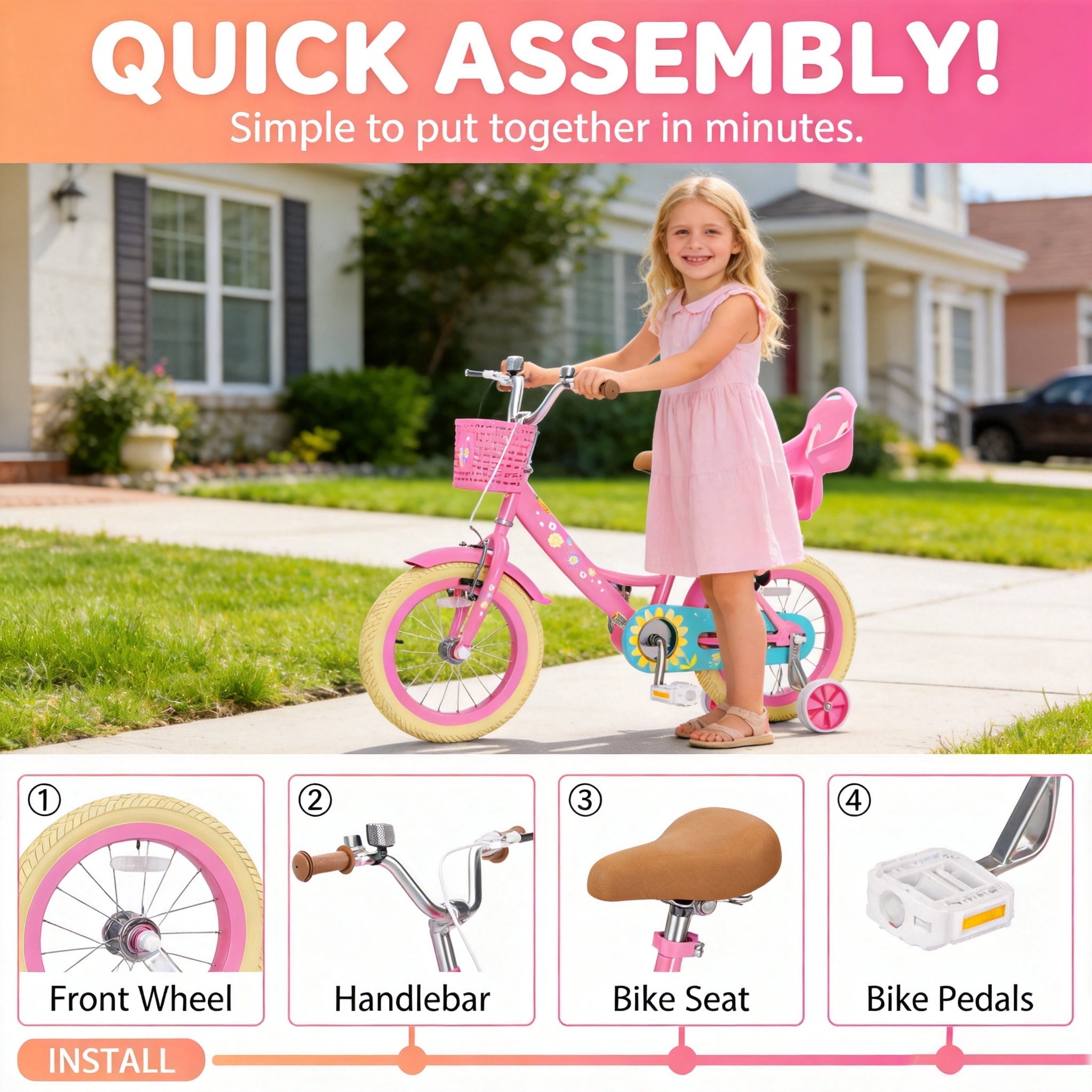 KORIMEFA Bikes for Girls 3-6 Years Old Toddlers, 12 inch Girls Bike with Training Wheels, Basket and Doll Seat, Children Bicycles with Handbrake, White
