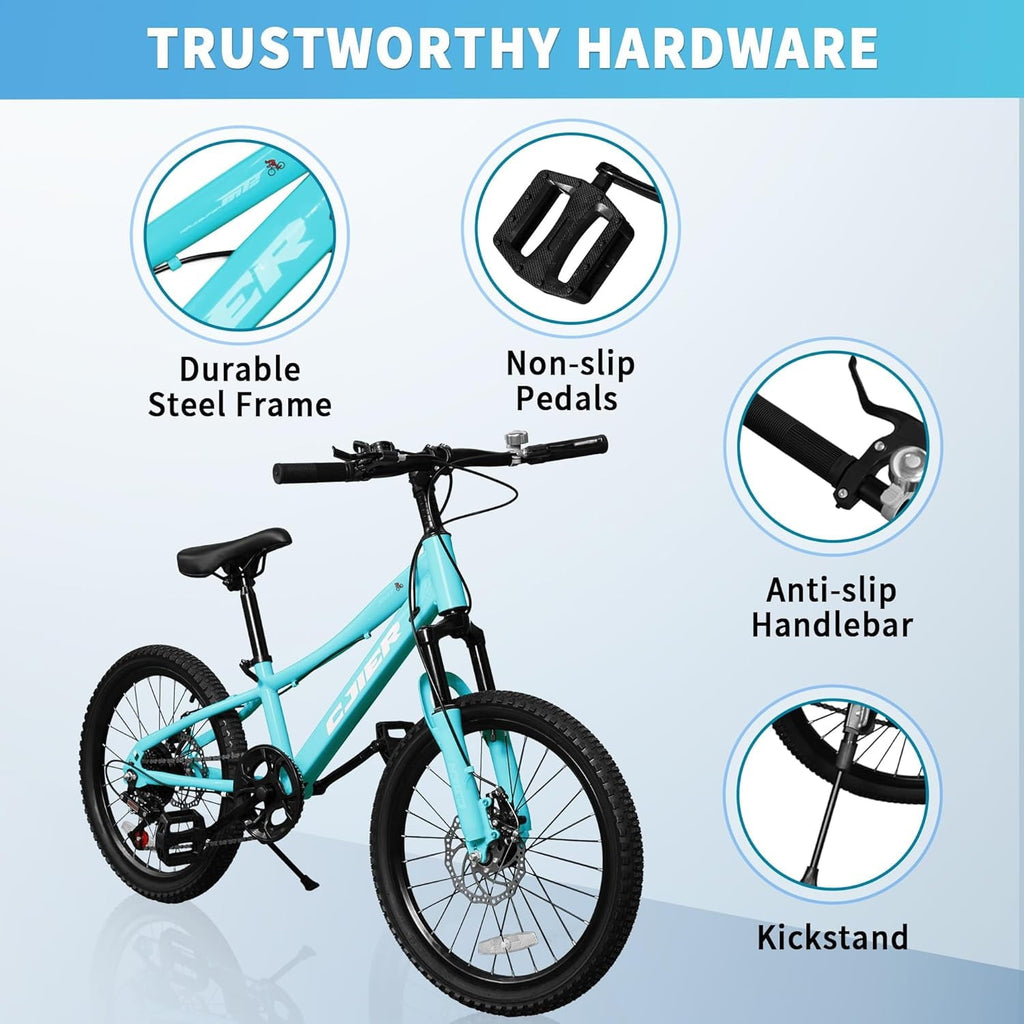 DEYGIA 20 Inch Kids Mountain Bike, Bikes for Boys, 7-Speed with Front Suspension, Dual Disc Brakes & Knobby Tires for Ages 6-14, Multi Color