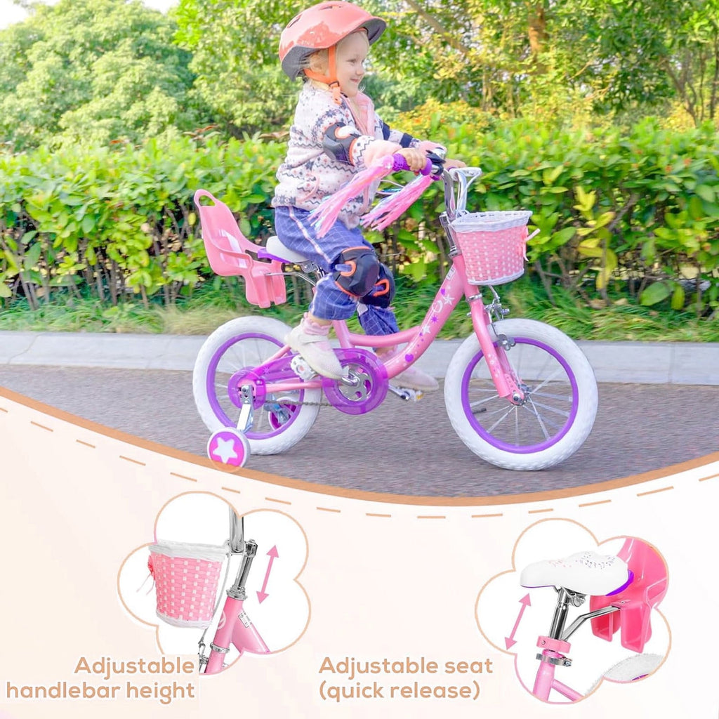 Hykolity 14 inch Girls Bike Princess Bicycle for Age 3-5 Years Old Rider Height 35-47 inch includes Training Wheel Basket Doll Seat Aqua Blue