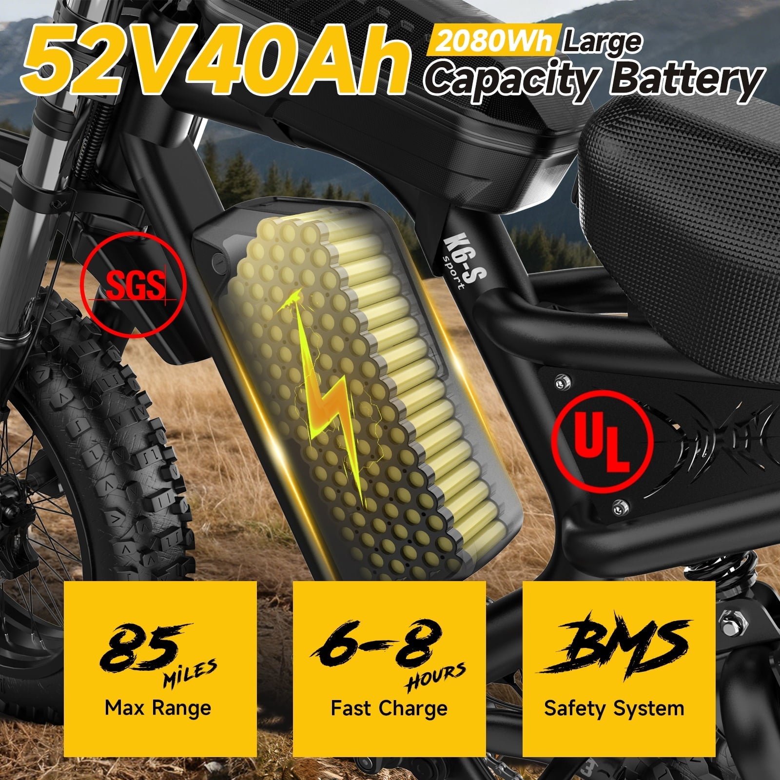 HiKeep 1500W/3000W Peak Off-Road Electric Bike for Adults, 52V 40Ah UL Battery, 20x4 Fat Tire Dirt Ebike, 40MPH E-Mountain Bike, 40-85 Miles Range, UL 2849