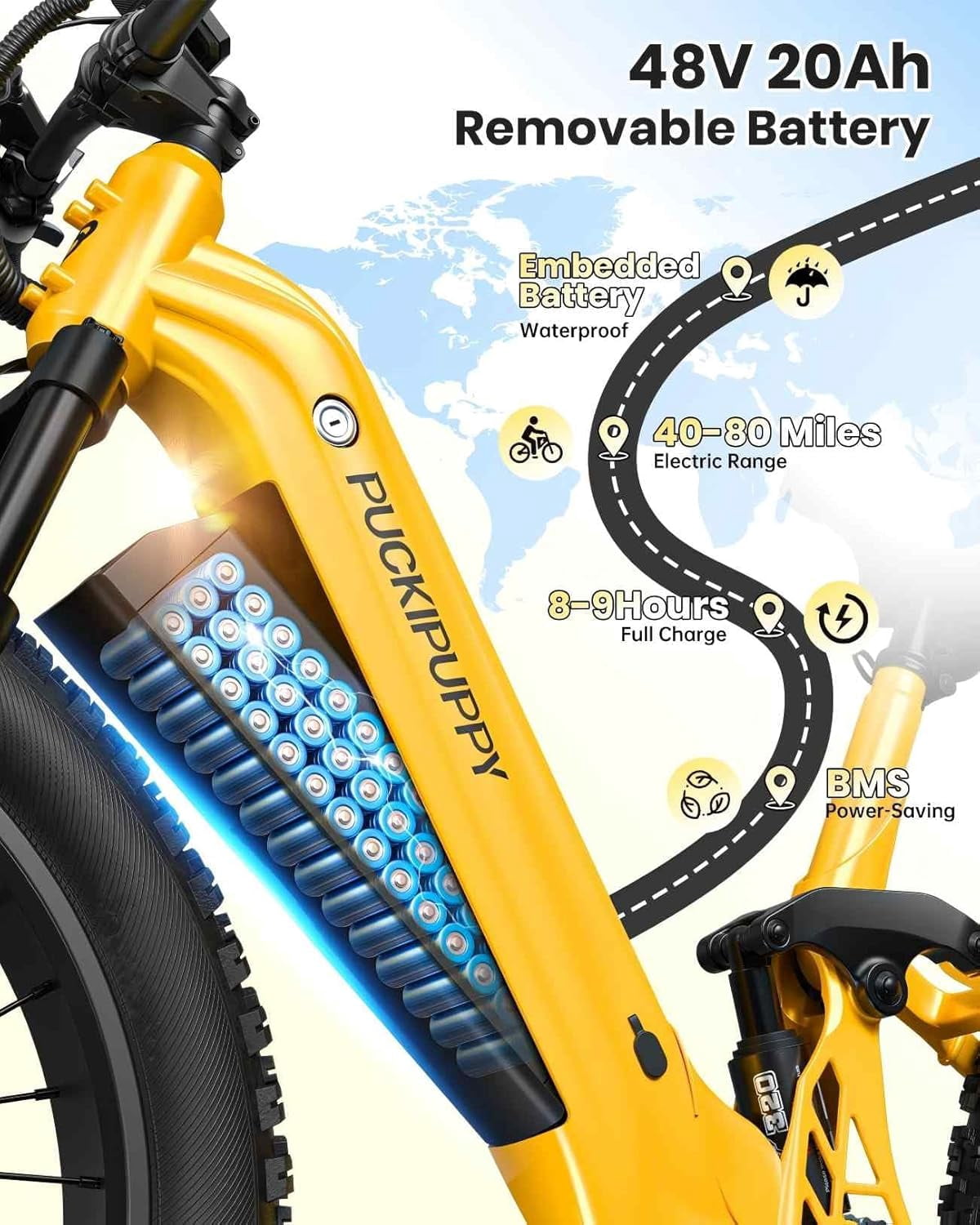 PUCKIPUPPY 26 Electric Bikes for Adults 960W Peak Step Through E-Bikes up to 80Miles Range 48V 20AH Battery Full Suspension Ebike 28 mph Max Speed Fat Tire E-Mountain Bike 7 Speed, UL2849 by SGS