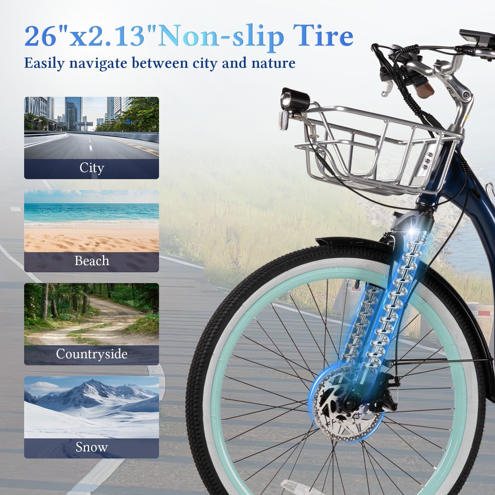 26 Inch Cruiser Electric Bike, E-Bike for Adults with 48V 15.6AH Removable Battery, Step Through Ebike for Women Men UL2849- Blue