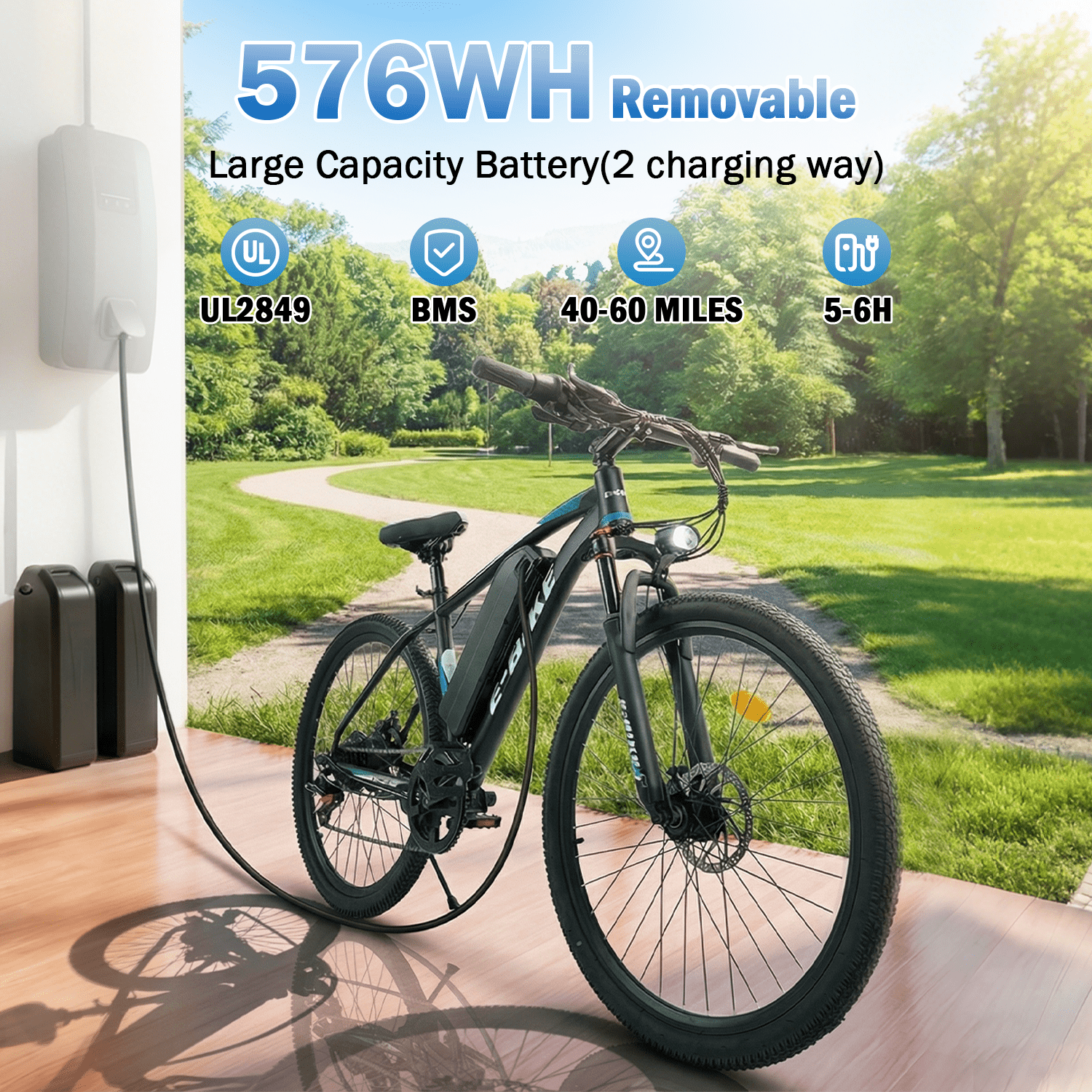 XKJ Electric Bike for Adults, 26”Electric Mountain Bike 576Wh Internal Battery & LCD Display,750W (Peak) Motor,7-Speed, Lightweight Ebike for Teens,40 Miles, Full Suspension,UL2849