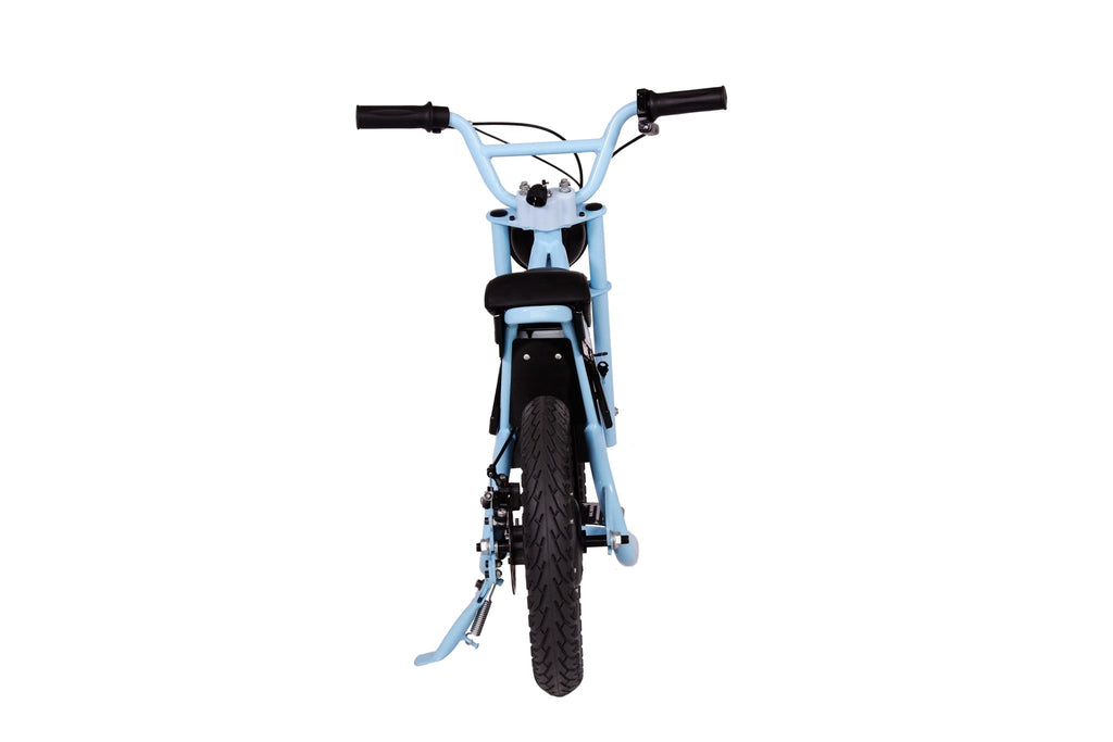 Droyd Weeler Electric Mini Bike - 24V 8Ah Battery, 6-10 MPH, Up to 8 Miles, LED Lights, Kids Ages 6+ - Blue