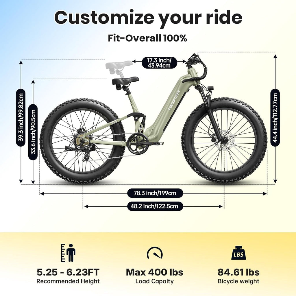 PUCKIPUPPY 26 Electric Bikes for Adults 960W Peak Step Through E-Bikes up to 80Miles Range 48V 20AH Battery Full Suspension Ebike 28 mph Max Speed Fat Tire E-Mountain Bike 7 Speed, UL2849 by SGS