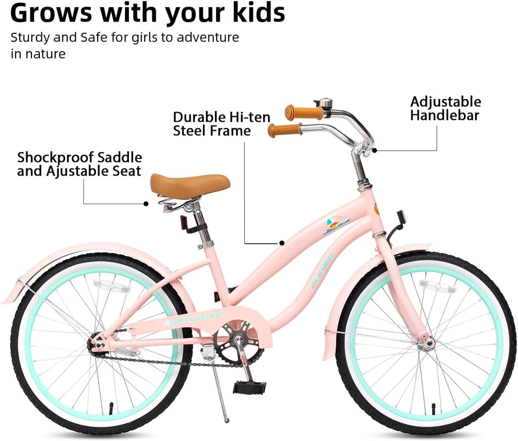 ACEGER 20 Inch Beach Cruiser Bike for Girls Ages 9-13, Pink