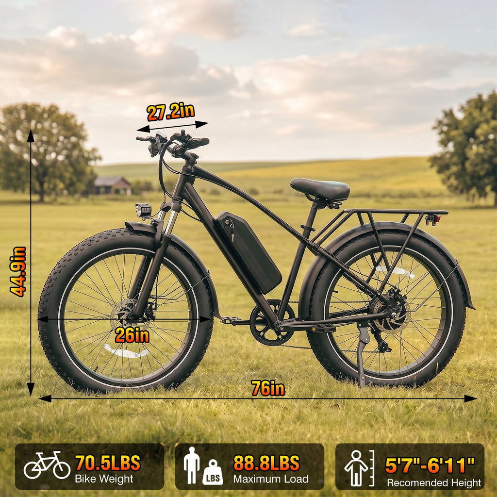 Rexei Yeki 26 Fat Tire EBike, 1200W Electric Bike for Adults, 48V 15AH Battery, 28 MPH Max Speed, 7-Speed , 500 lbs, Front Suspension, Dual Disc Brakes, LCD Display, UL2849