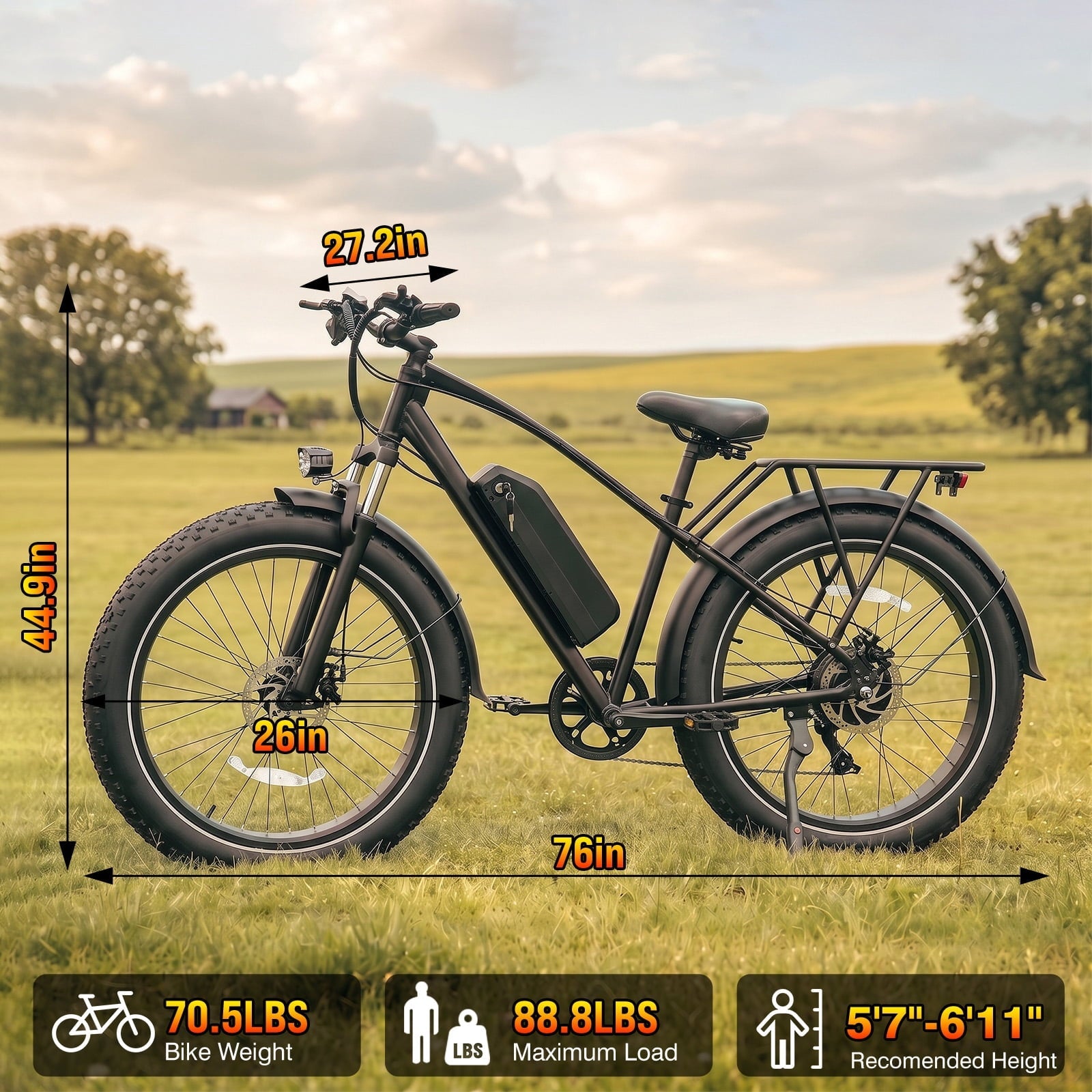 Rexei Yeki 26 Fat Tire EBike, 1200W Electric Bike for Adults, 48V 15AH Battery, 28 MPH Max Speed, 7-Speed , 500 lbs, Front Suspension, Dual Disc Brakes, LCD Display, UL2849