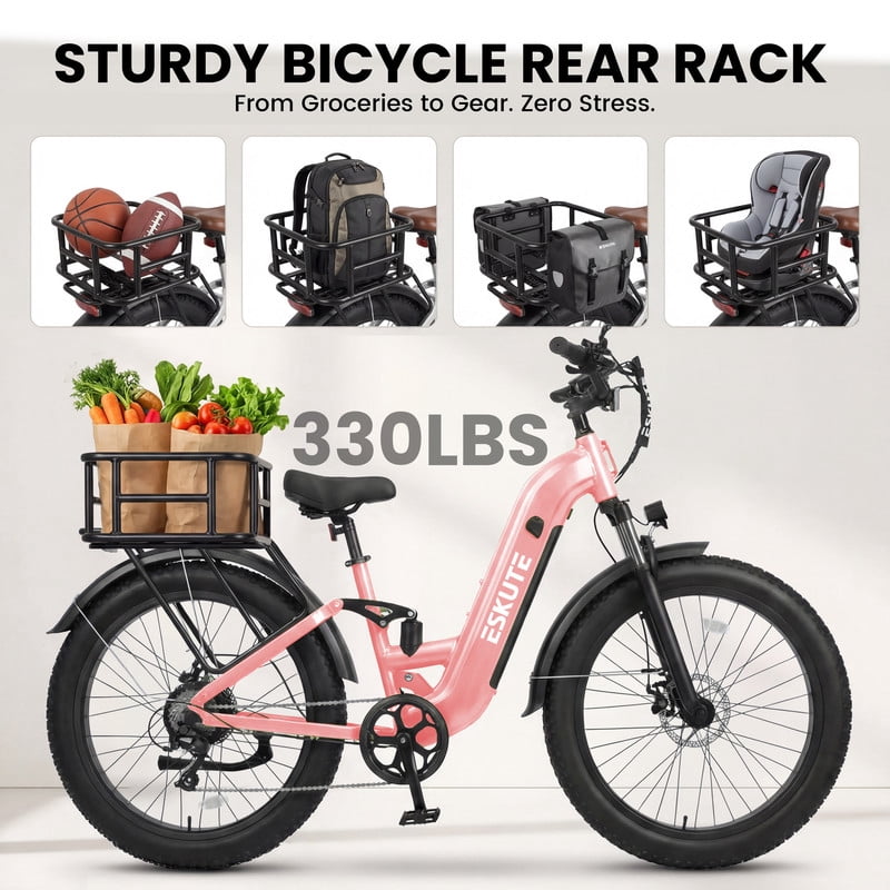ESKUTE C300 1500W Electric Bike for Adults, 48V 20.8Ah Battery, 32MPH, 80 Miles Range, 26x4.0 Fat Tire Step-Thru Ebike, Full Suspension Electric Bicycle, 8-Speed Pink, UL2849