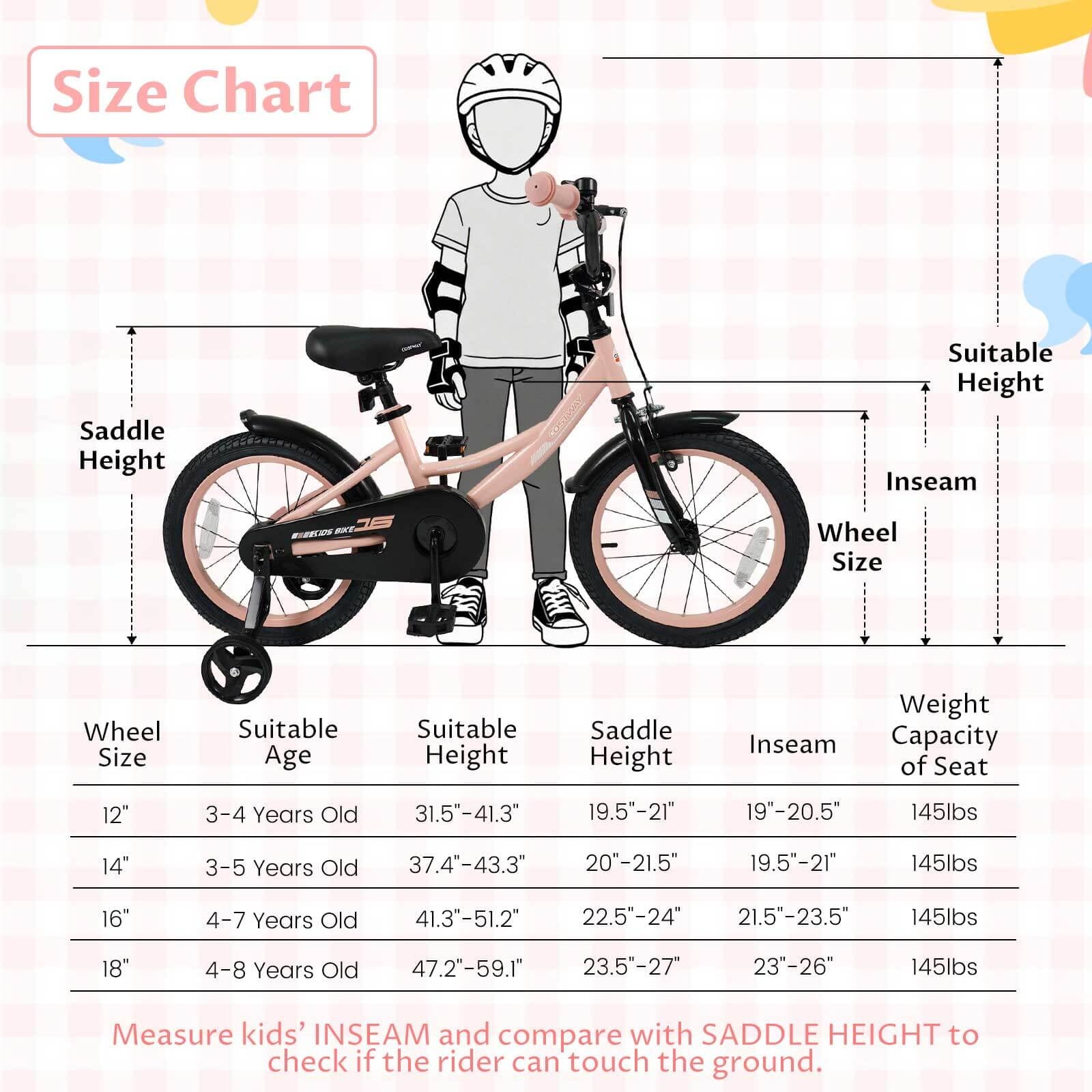 Costway 18 Inch Kids Bike with Training Wheels Dual Brakes Adjustable Seat Handlebar Height