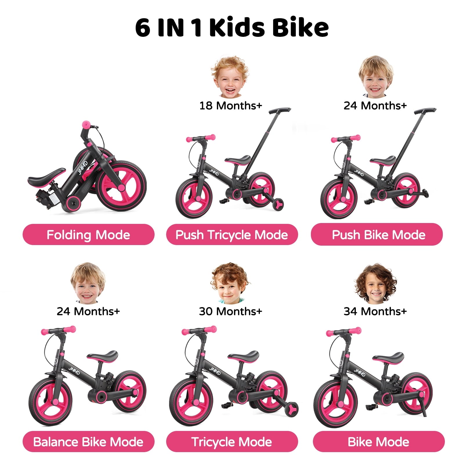 JMMD Toddler Bike with Push Handle for Kid 18-60 Months, 6 in 1 Foldable Tricycle with Training Wheel, Pedals, Kid Balance Bike for Boy & Girl, Black