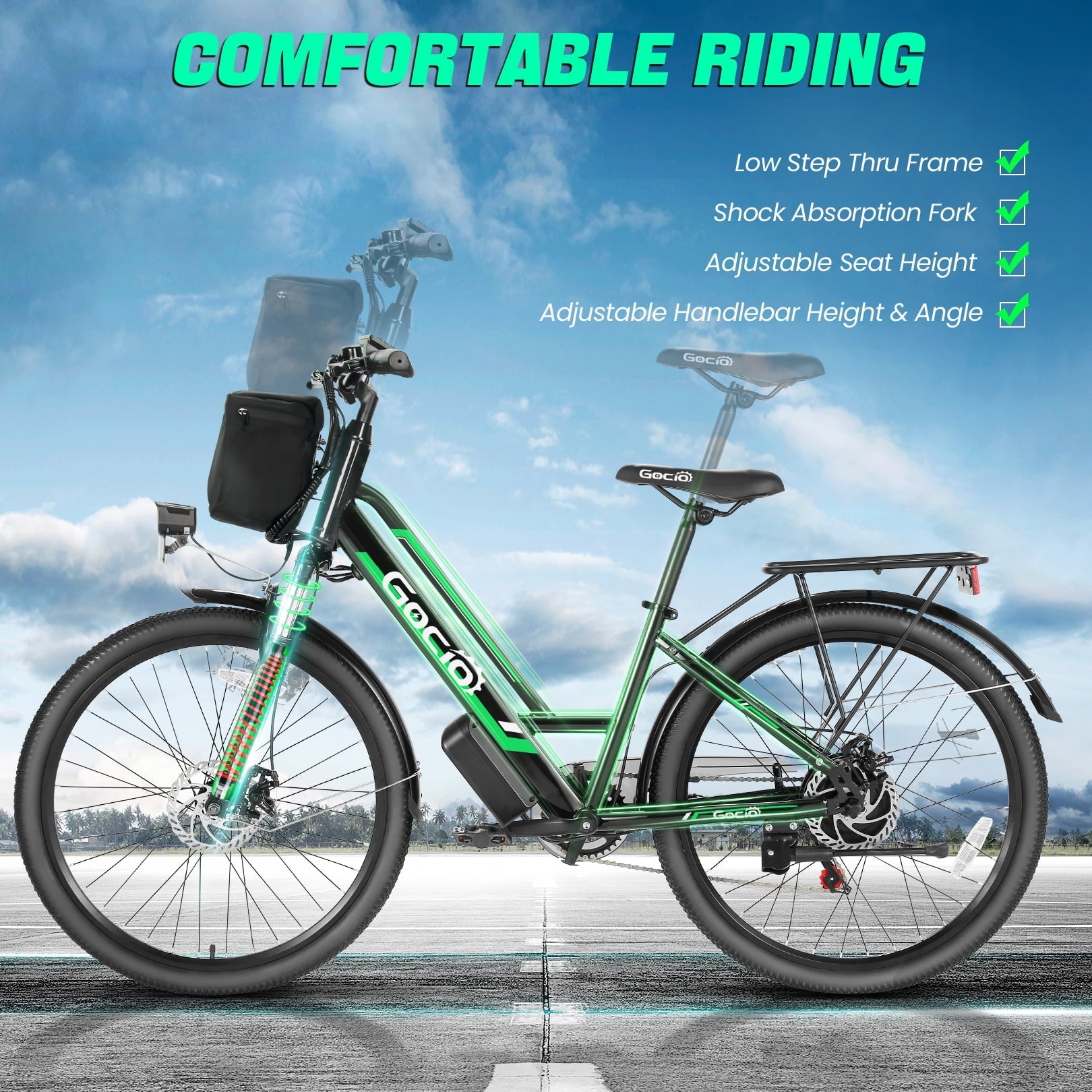 Gocio UL2849 Certified 26 Electric Bike for Adults, 750W Peak Motor, 48V 7.8Ah Battery, 19.8 mph 7-Speed Commuter Ebike with Disc Brakes