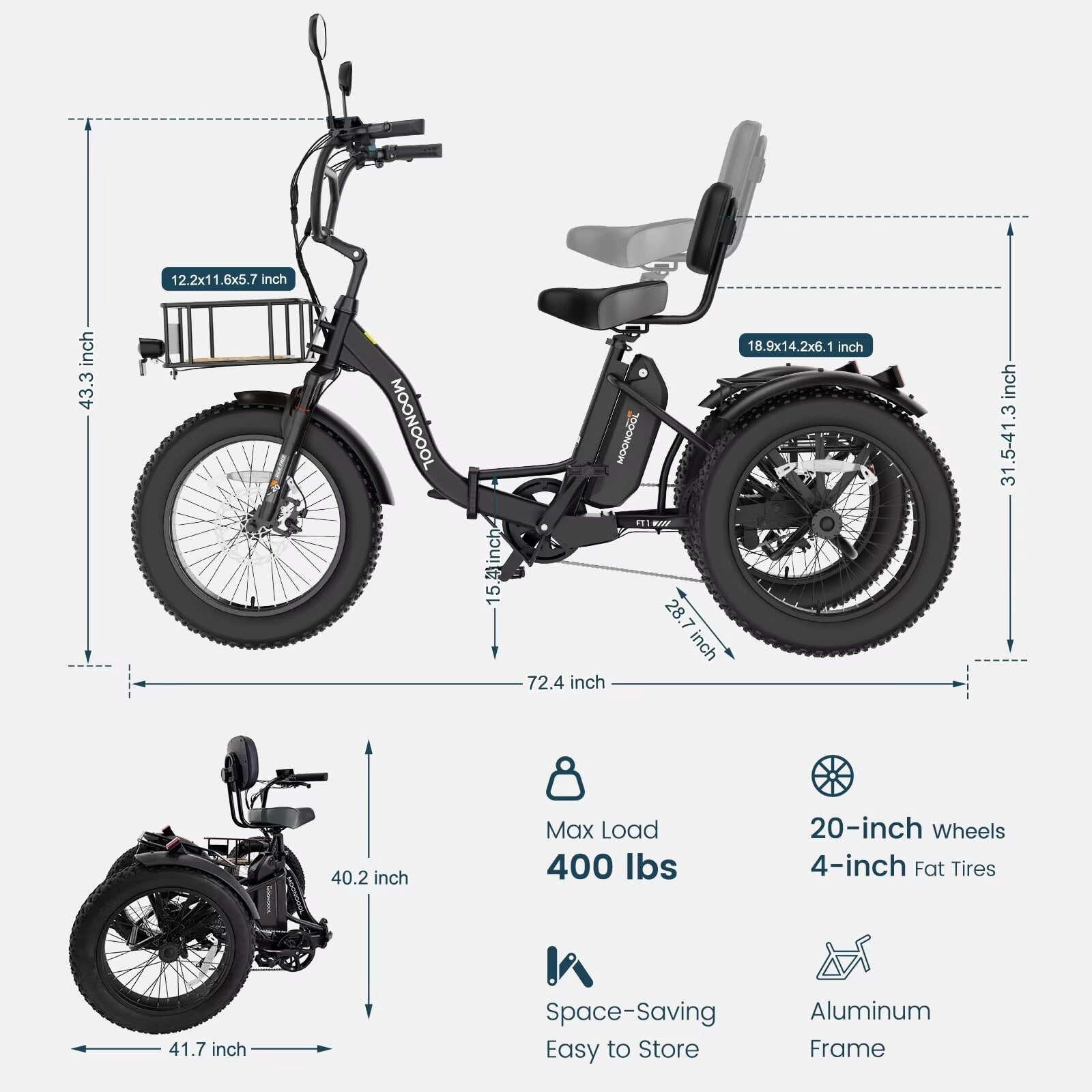 MOONCOOL Folding Electric Tricycle for Adults, 20 x 4 Fat Tire Electric Trike, 48V Peak 1092W  Electric Bicycle, 3 Wheels 7 Speed Ebike w/ 14.5Ah Removable Battery& Speed Differential Mechanism