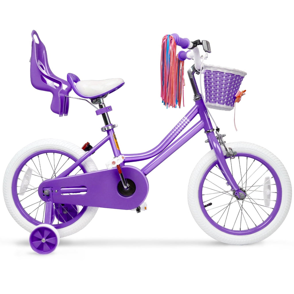 XJD Girls Bike for Toddlers 3-9 Years Old Kids, 16 Inch Kids Bike with Training Wheels, Streamers, Basket and Doll Seat, Children Bicycles with Handbrake