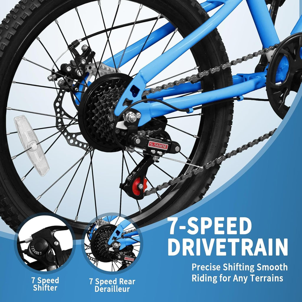 DEYGIA 20 Inch Kids Mountain Bike, Bikes for Boys, 7-Speed with Front Suspension, Dual Disc Brakes & Knobby Tires for Ages 6-14, Multi Color