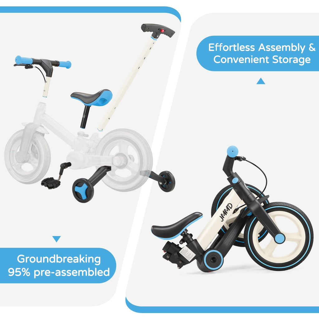 JMMD Toddler Bike with Push Handle for Kid 18-60 Months, 6 in 1 Foldable Tricycle with Training Wheel, Pedals, Kid Balance Bike for Boy & Girl, Black