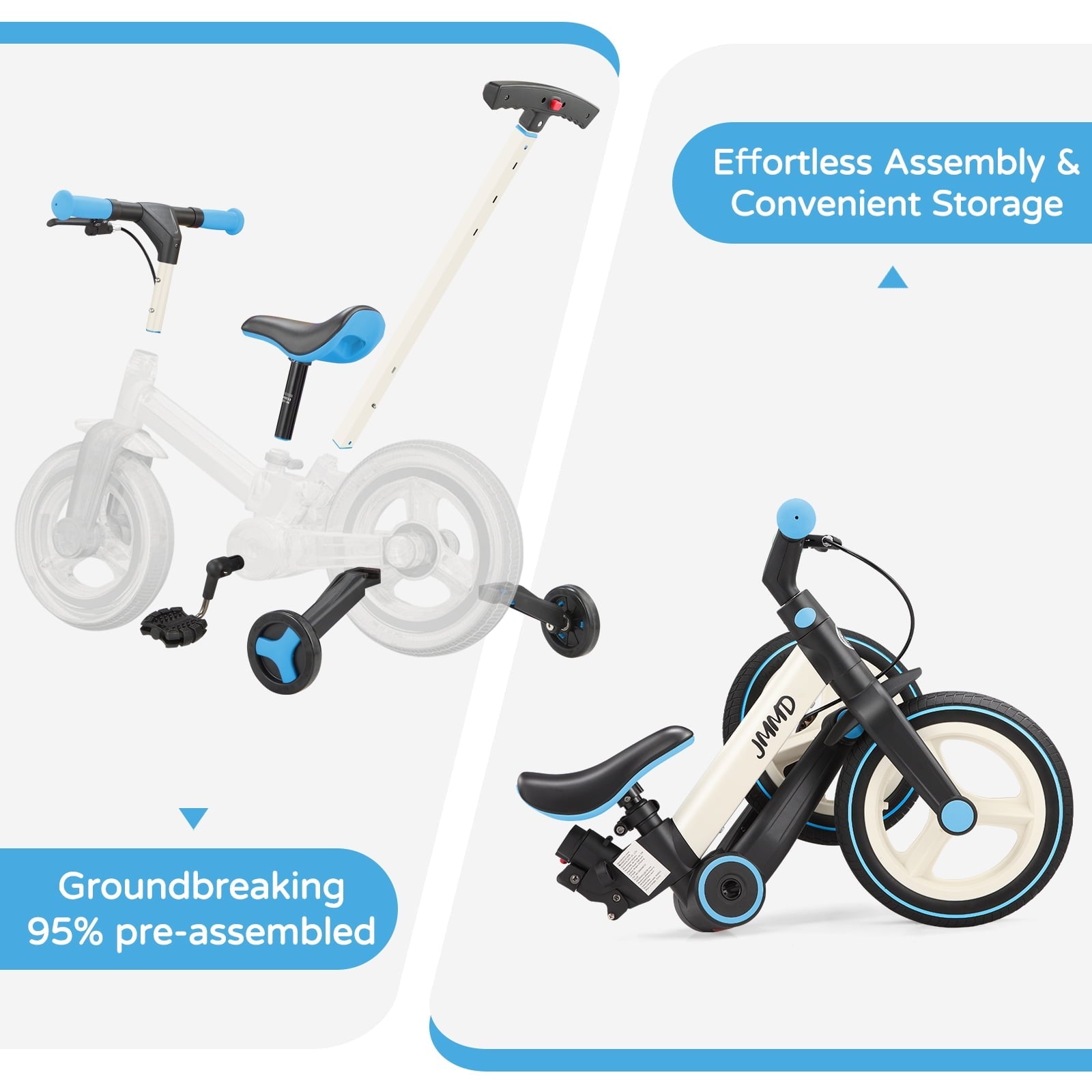 JMMD Toddler Bike with Push Handle for Kid 18-60 Months, 6 in 1 Foldable Tricycle with Training Wheel, Pedals, Kid Balance Bike for Boy & Girl, Black