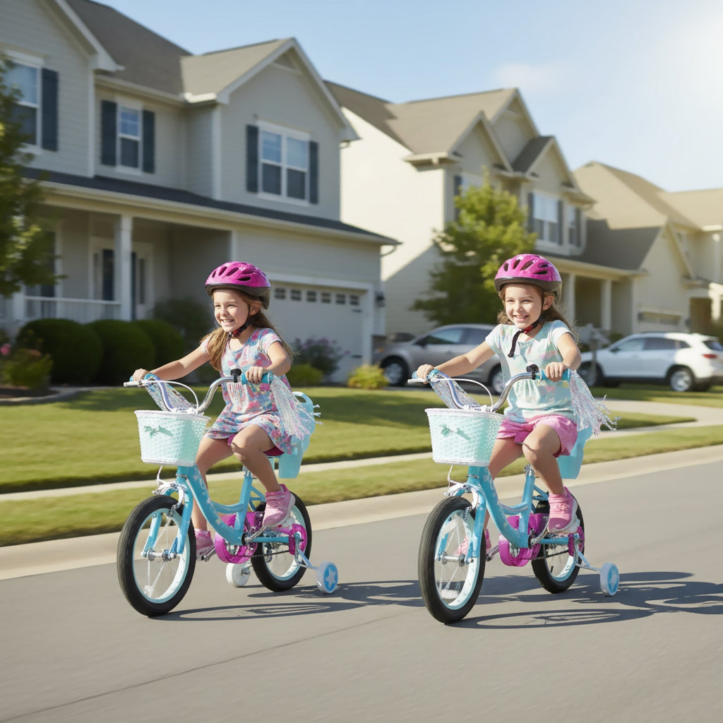 Hykolity 14 inch Girls Bike Princess Bicycle for Age 3-5 Years Old Rider Height 35-47 inch includes Training Wheel Basket Doll Seat Aqua Blue