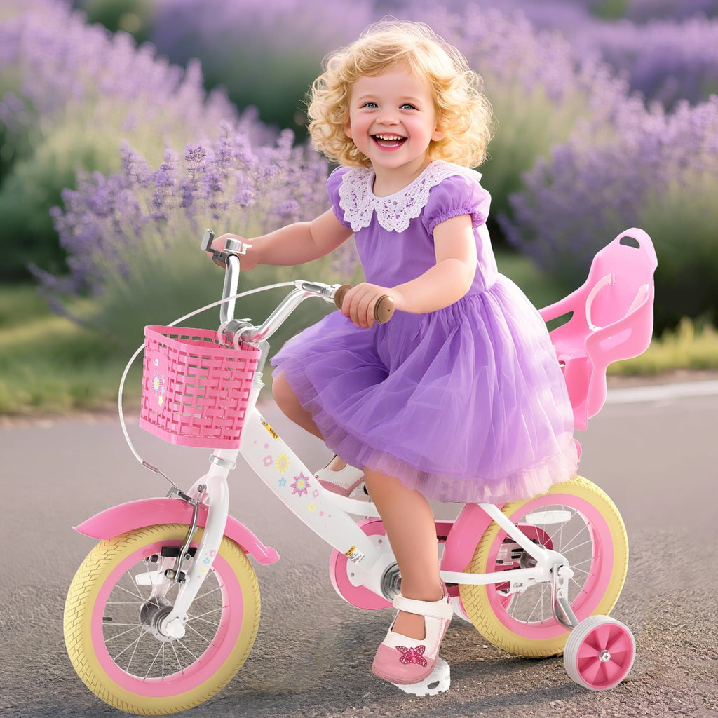 KORIMEFA Bikes for Girls 3-6 Years Old Toddlers, 12 inch Girls Bike with Training Wheels, Basket and Doll Seat, Children Bicycles with Handbrake, White