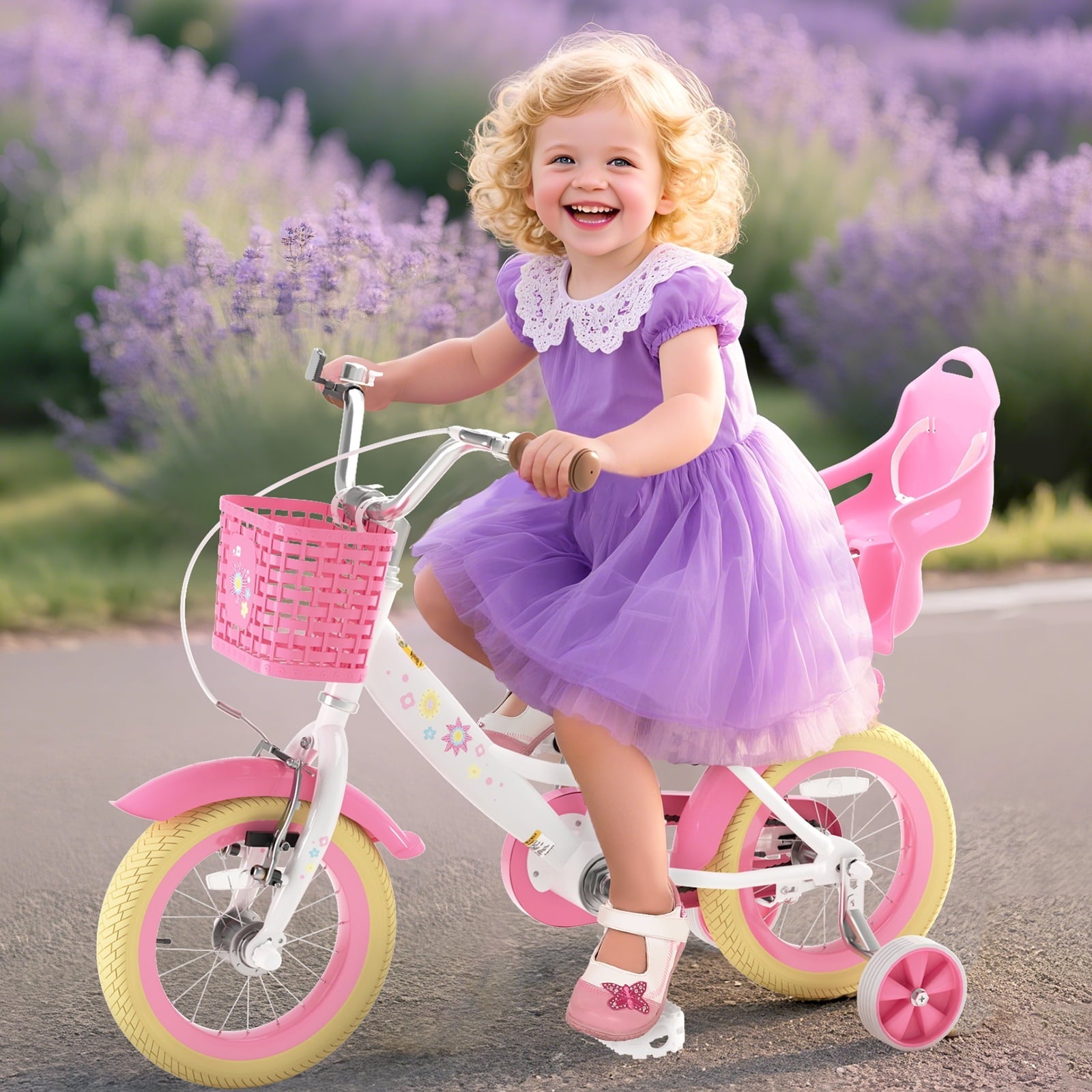 KORIMEFA Bikes for Girls 3-6 Years Old Toddlers, 12 inch Girls Bike with Training Wheels, Basket and Doll Seat, Children Bicycles with Handbrake, White
