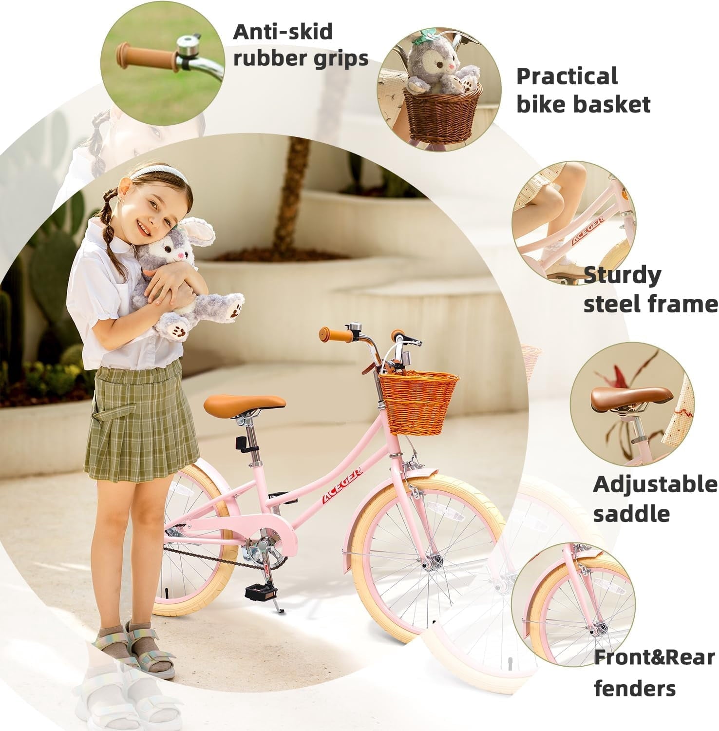 ACEGER 16 Inch Girls Bike with Basket, Purple, Training Wheels, Ages 4-8