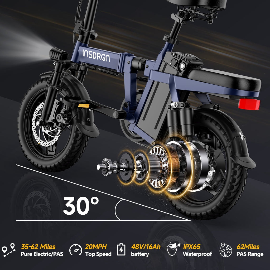 INSDRGN Folding Electric Bike for Adults Teens, 650W Peak Motor, 10.4AH 48V Battery 14 Electric Bicycles, 28 Miles Range, Mini Ebike for City Commuter, UL2849, Gray