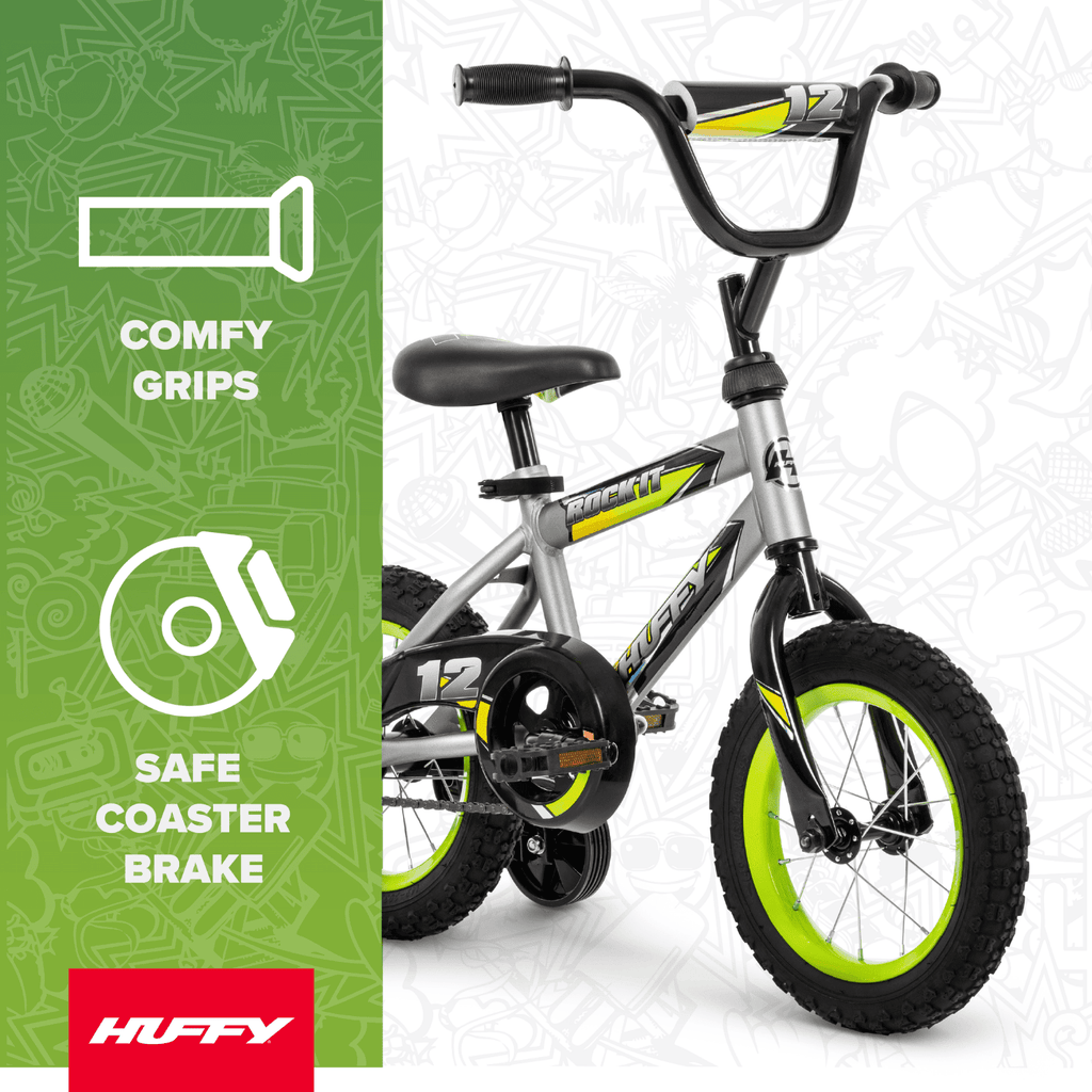 Huffy 12 Rock It Kids' Bike, Fits Riders 37 - 42, Gray/Green, Youth, Boys