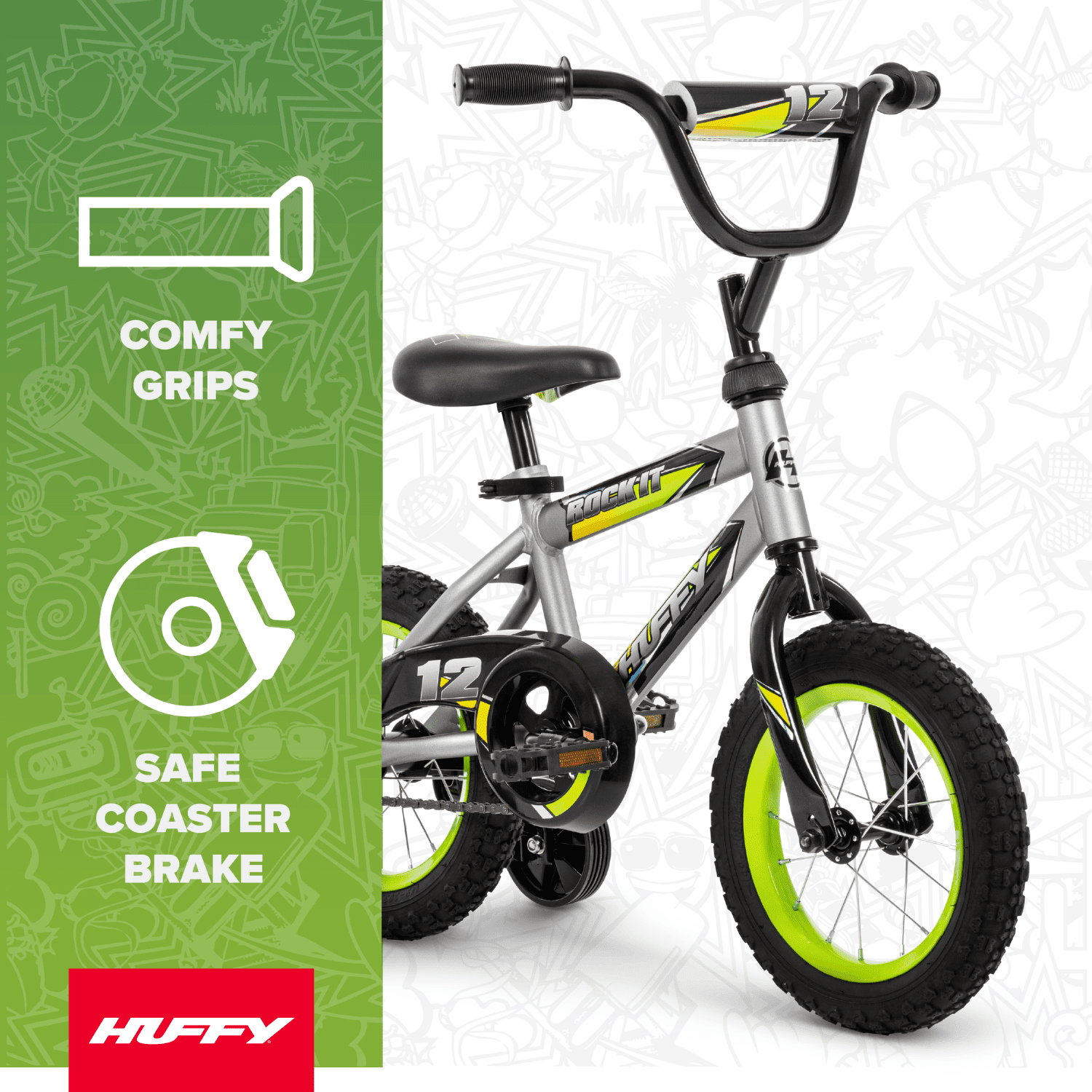 Huffy 12 Rock It Kids' Bike, Fits Riders 37 - 42, Gray/Green, Youth, Boys