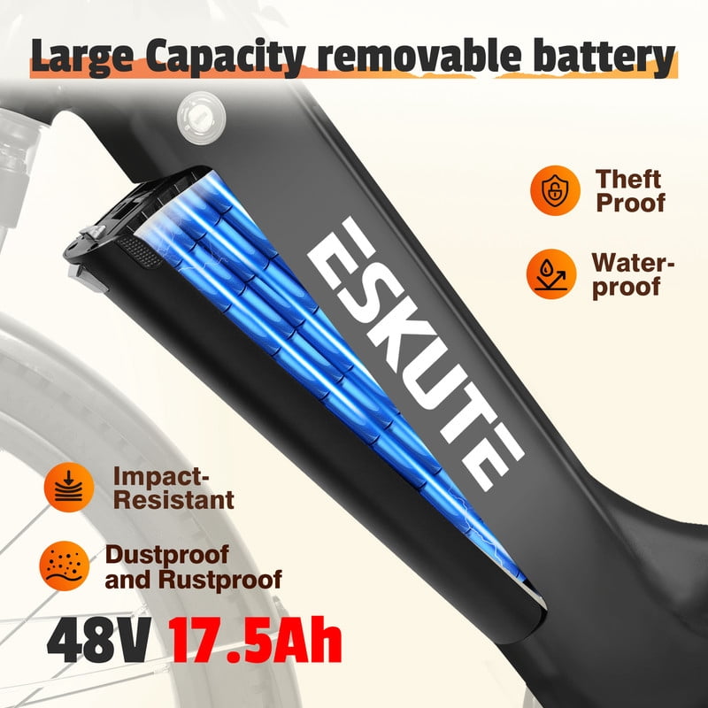 ESKUTE C200 Electric Bike for Adults, 1300W Peak Power Ebike, 28MPH Step-Thru E-Bicycle with 840Wh Removable Battery, Up to 70 Miles, 26 Tires, 7 Speed Adjustable Stem,white, UL2849